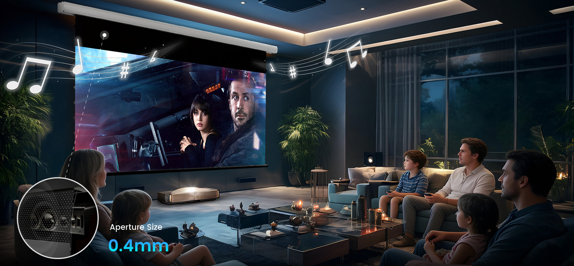 Acoustically transparent motorized drop down screen featuring 0.4mm micro-perforation for immersive 3D audio