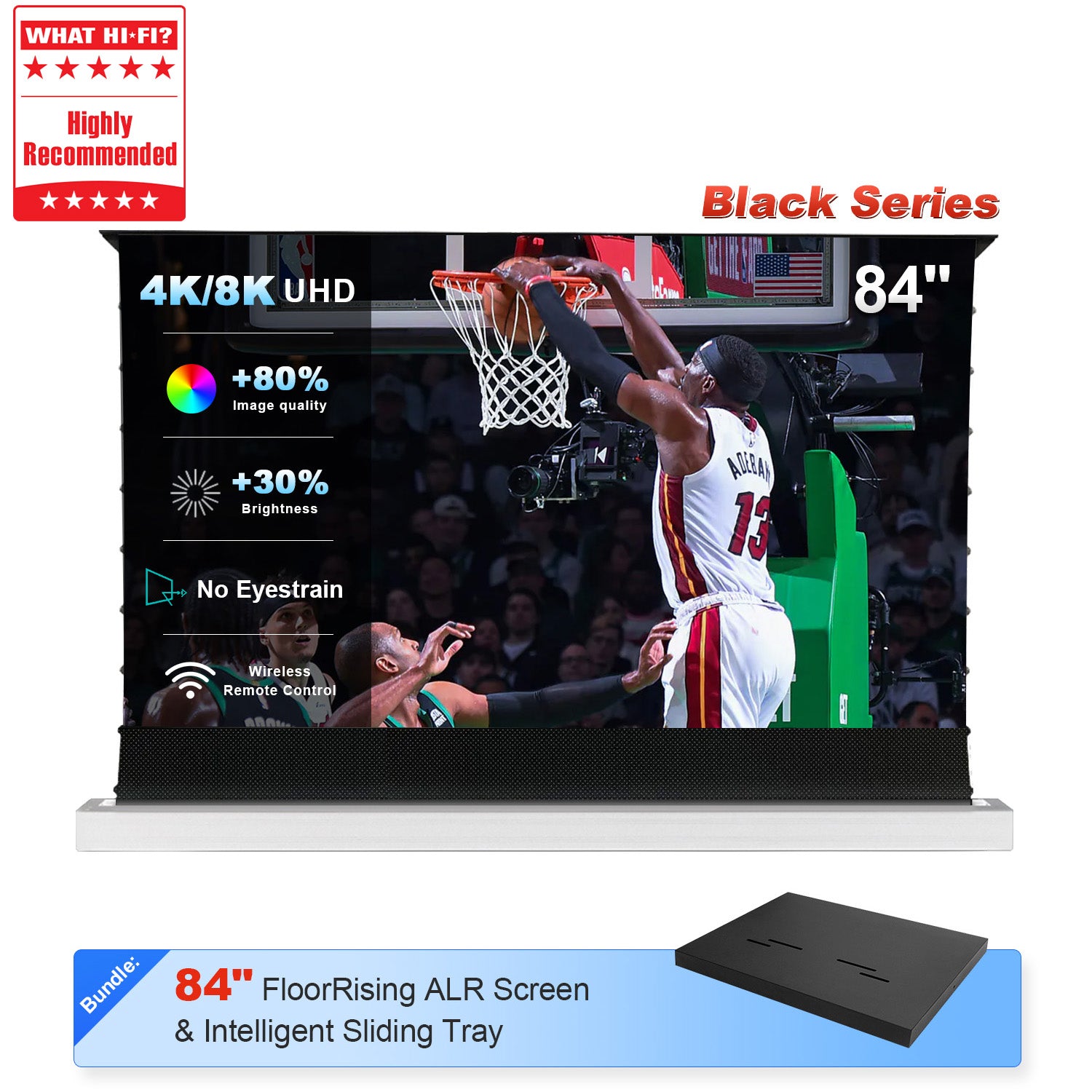 84-inch NothingProjector Black Series ALR screen rising from floor with automated projector tray