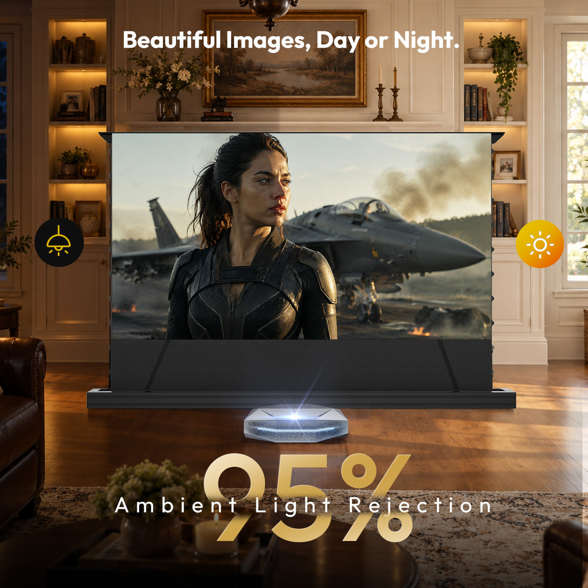 95% Ambient Light Rejection (ALR) motorized floor rising projector screen, delivering bright and vivid home theater images in daylight without closed curtains.