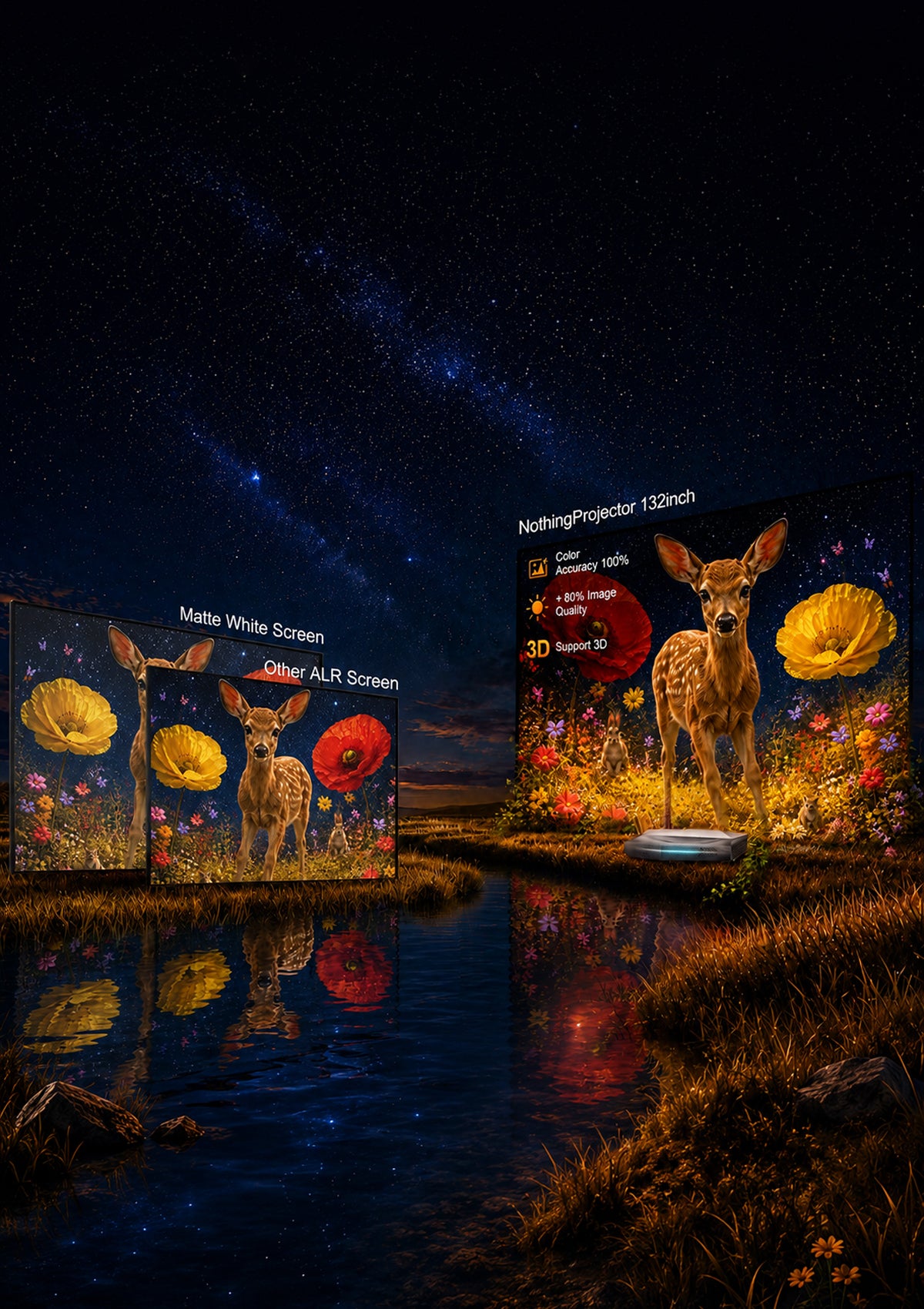 NP 132-inch ALR screen featuring HBSP lenticular material for 20% higher contrast and improved image quality.