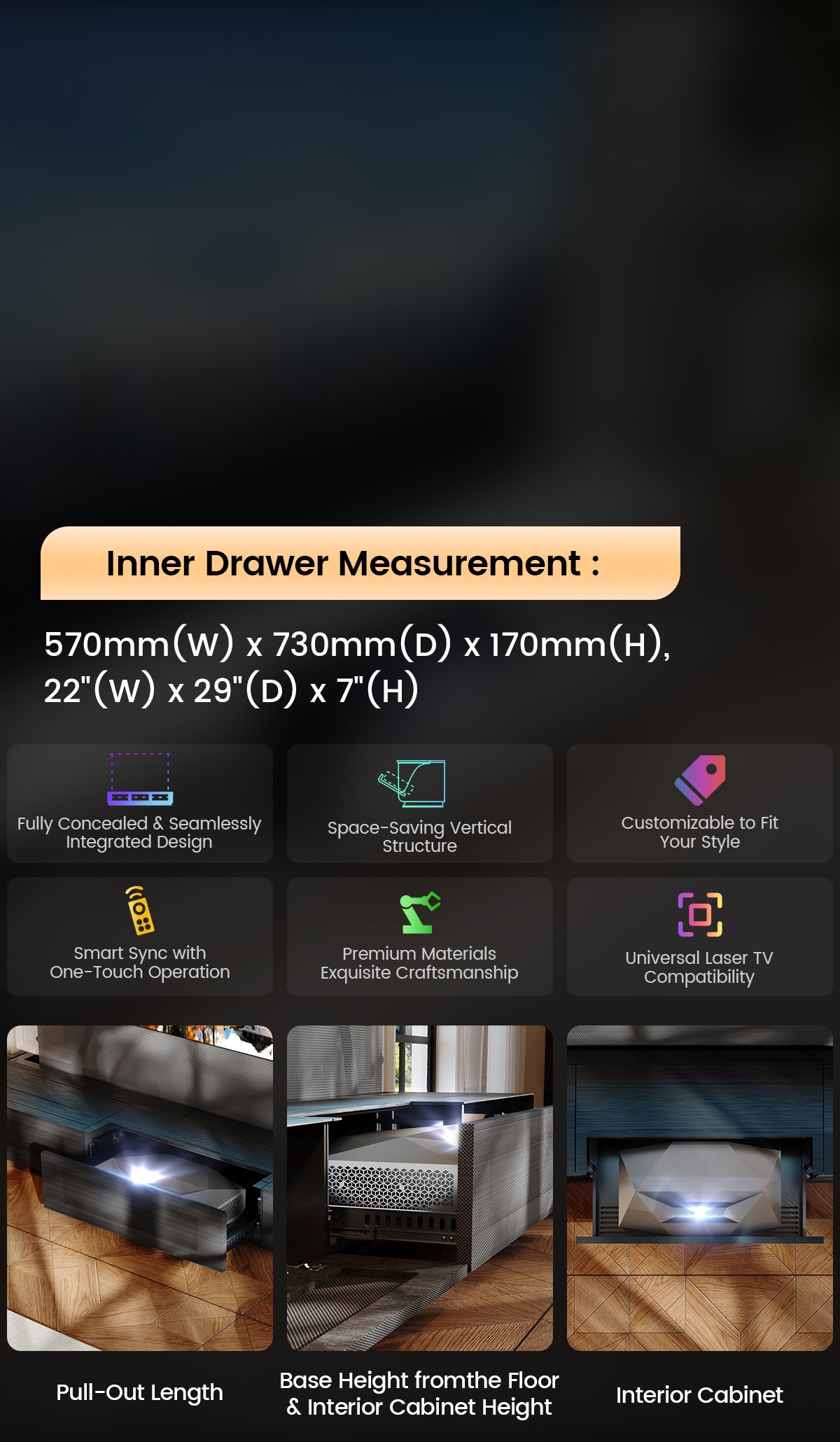The Shore Wood Grain Laser TV Cabinet features an integrated design with premium materials, supporting a large projection screen size.