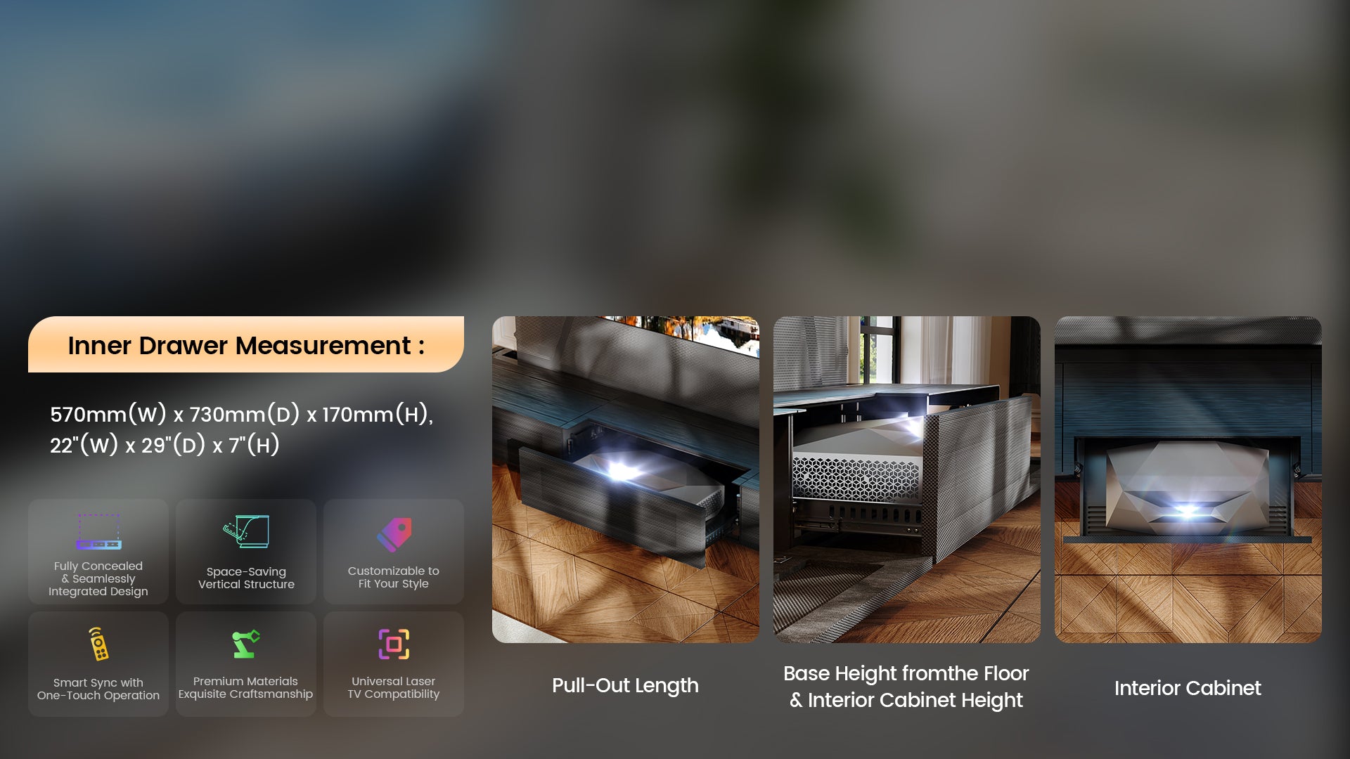 The Shore Wood Grain Laser TV Cabinet features an integrated design with premium materials, supporting a large projection screen size.