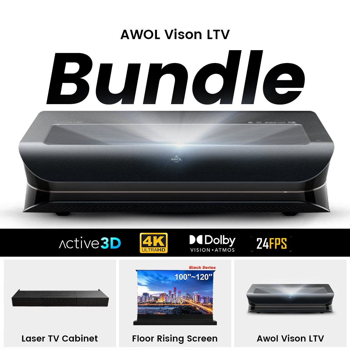 (Bundle) AWOL VISION LTV-3000/3500 PRO + Black Series Motorized ALR Screen + Laser TV Cabinet
