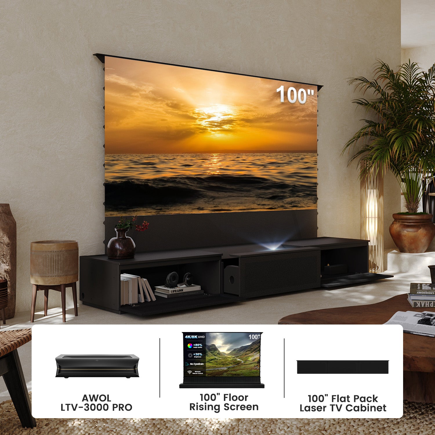 Oak low profile TV stand for projector, compatible with AWOL LTV-3000 Pro 100"