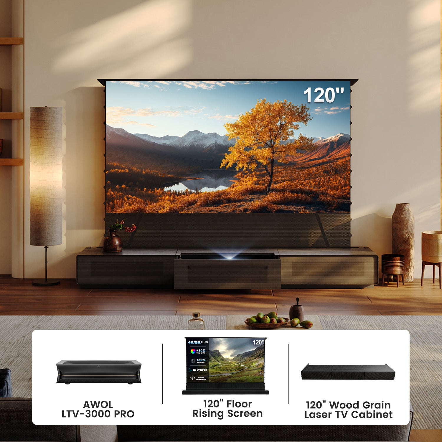 120 inch integrated laser TV cabinet, black finish, for AWOL LTV-3000 Pro setup