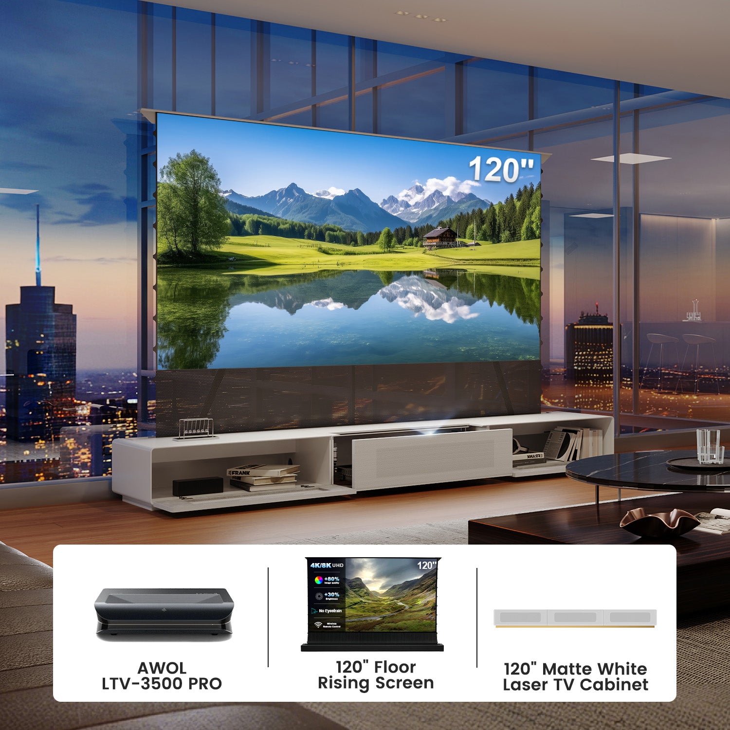 Premium walnut media console for ultra short throw projector, 120" Vividstorm alternative