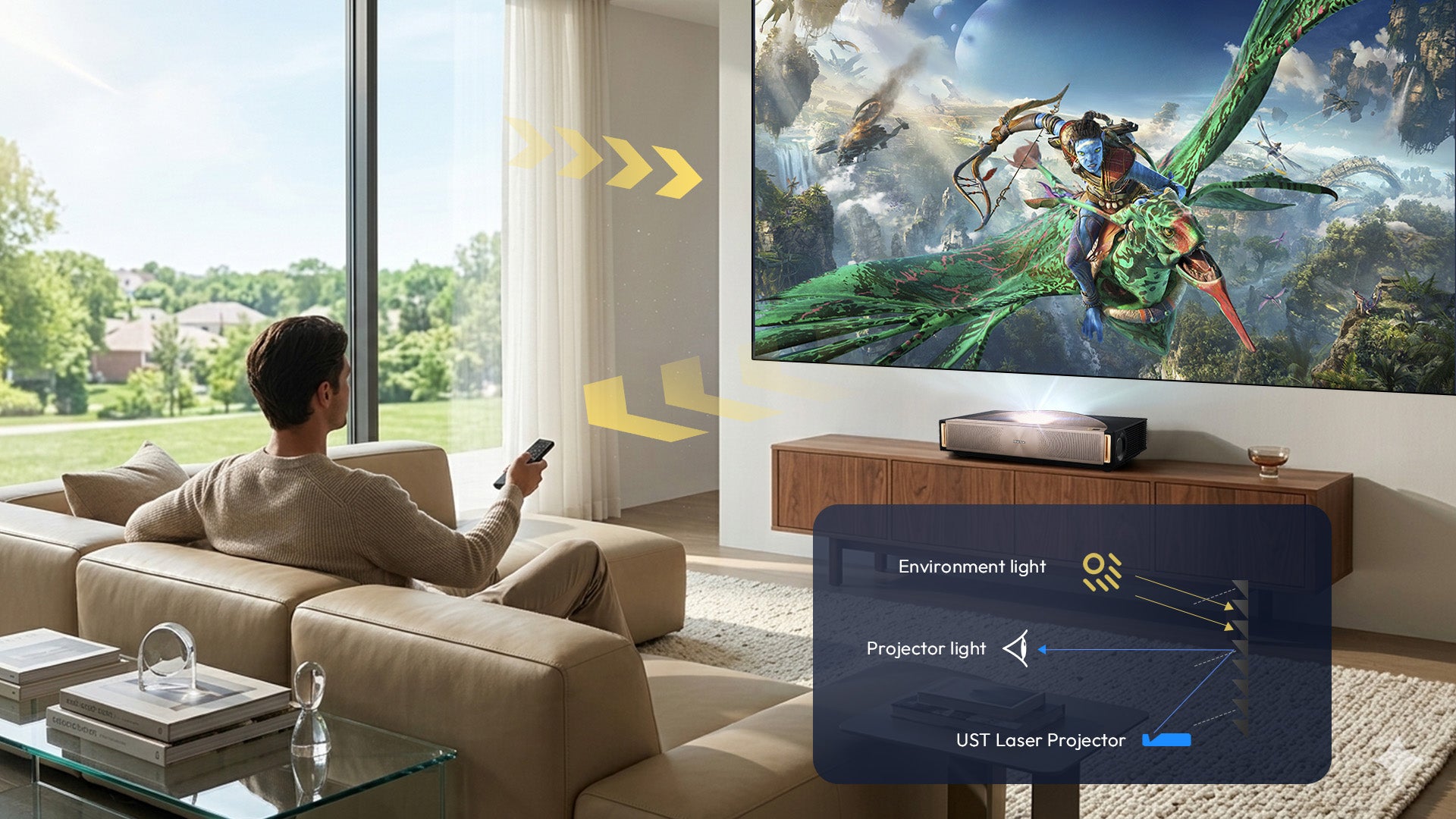 Optical structure diagram explaining how NothingProjector Fresnel ALR Screen works using light convergence to reject ambient light for UST laser projectors