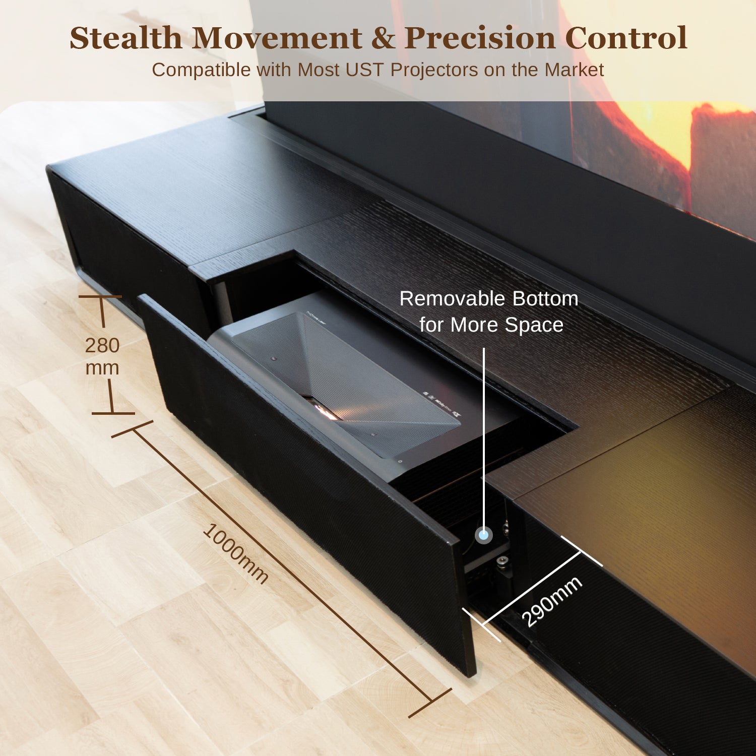 Shore Wood Grain UST Projector Cabinet + Black Series Motorized Floor Rising Screen Bundle (Cabinet Pre-Assembled）