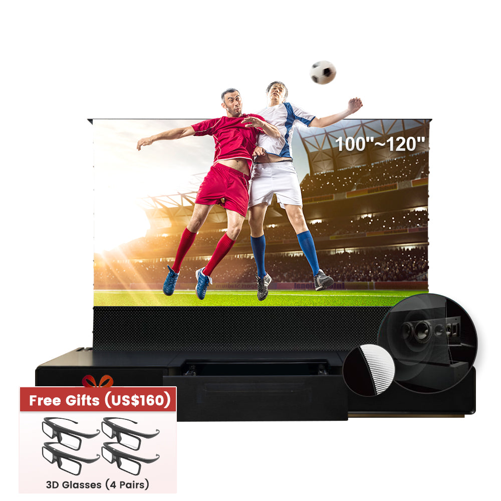 Shore UST Projector Matte Cabinet + Black Series Motorized Floor Rising Screen Bundle (Pre-Assembled）