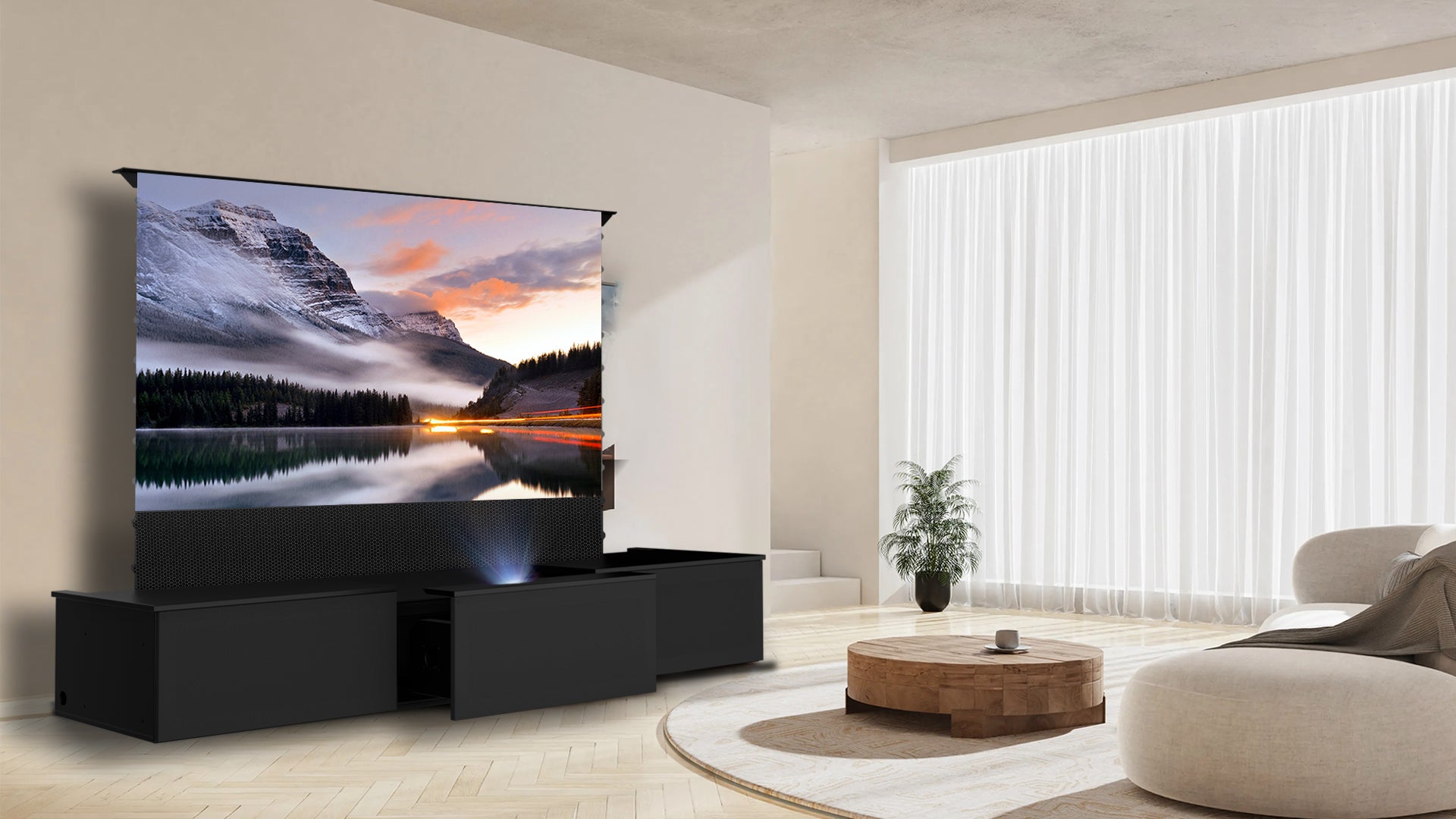 Smart Laser TV Flat Pack Cabinet with Auto-Positioning Motorized Drawer for UST Projectors - Remembers Settings & Self-Calibrates