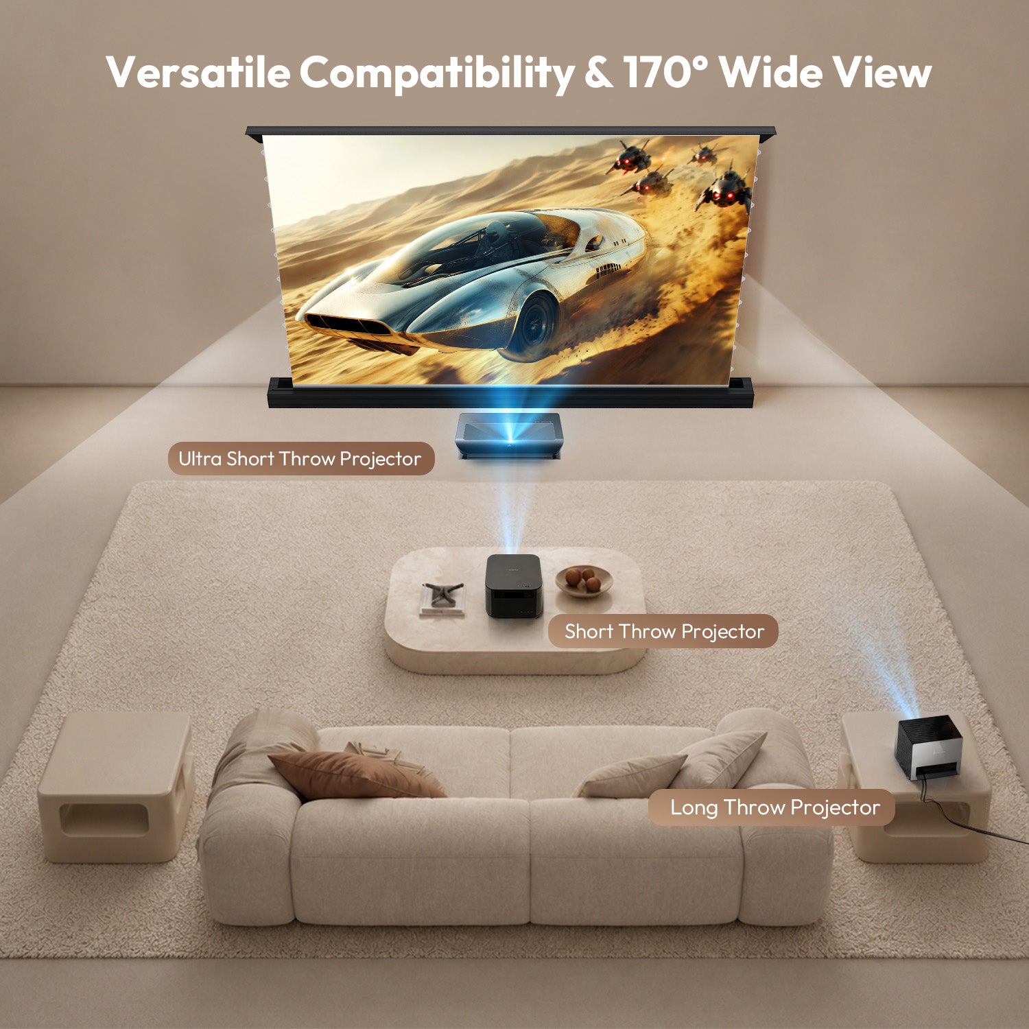 100''-120'' NothingProjector matný bílý motorický podlahový výsuvný plátno pro dlouhé/krátké/UST projektory