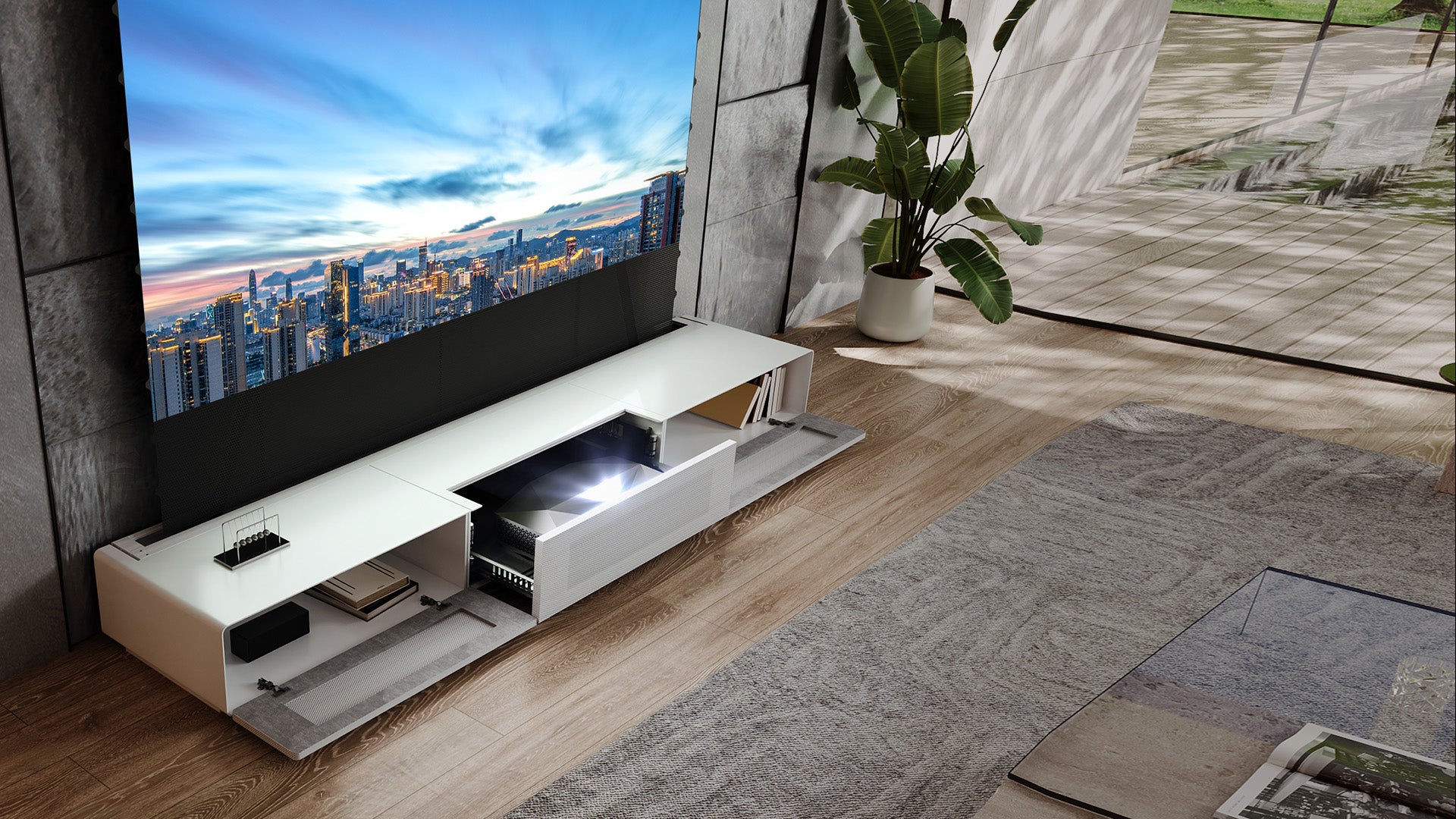 The Shore ROLATV Rollable Laser TV Cabinet features a motorized drawer with perforated cover and 30kg load capacity.
