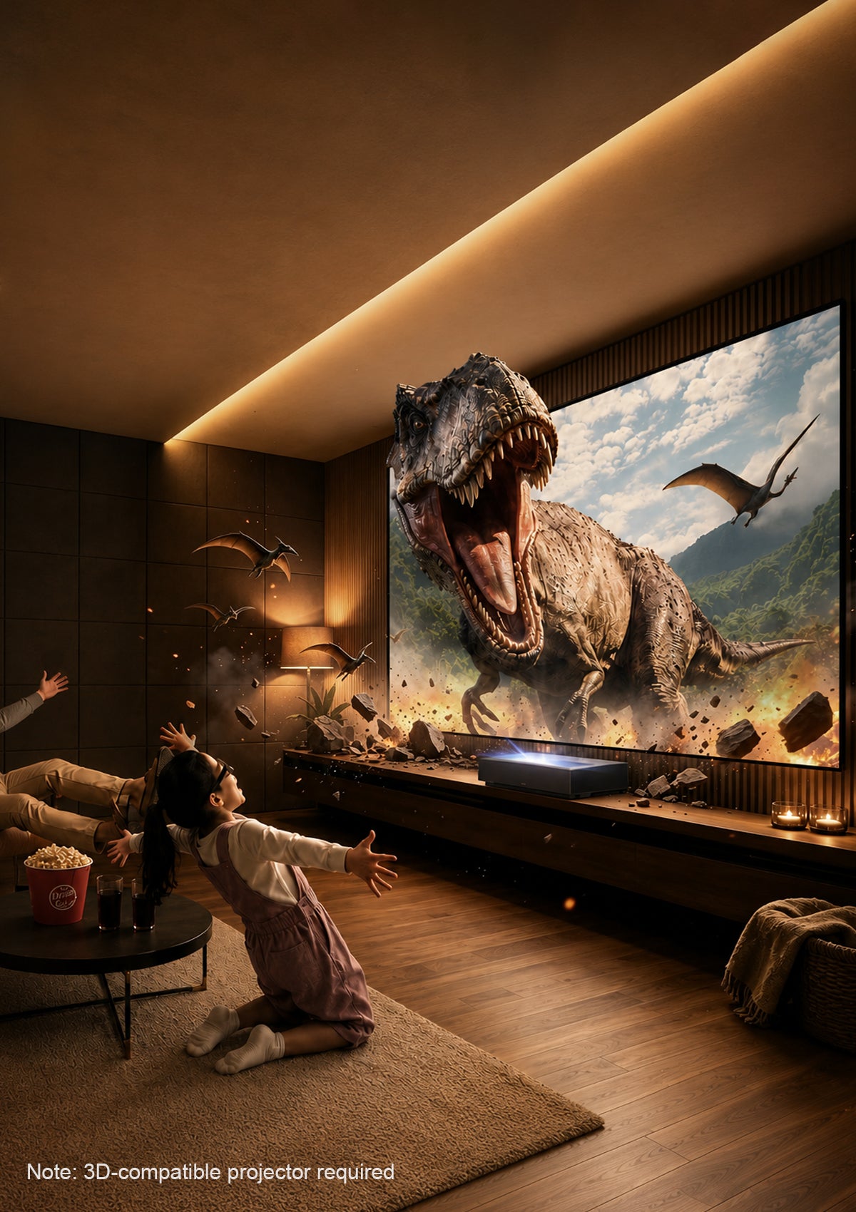 Active 3D movie experience on the 132-inch NothingProjector seamless ALR screen with a family wearing 3D glasses.