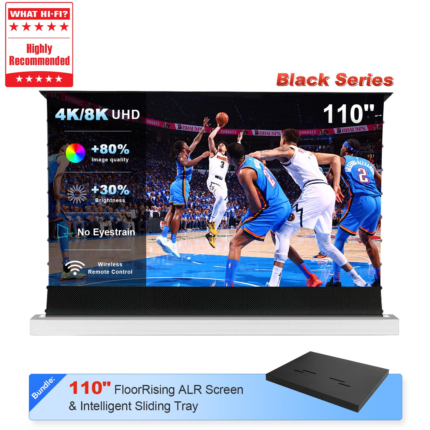 Cinematic 110" NothingProjector ALR floor screen and intelligent sliding tray bundle in action