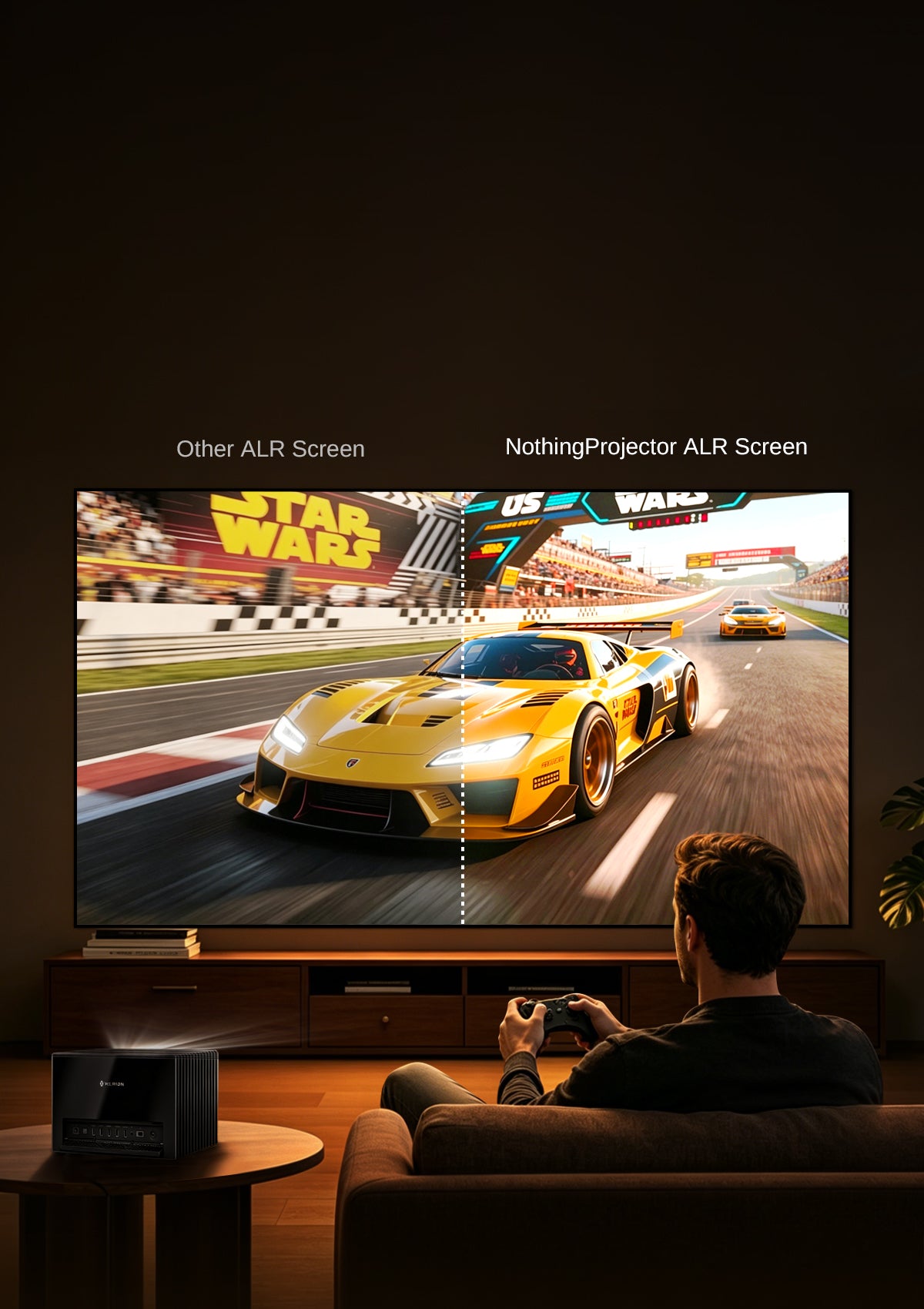 A vibrant NP 100"-130" ALR Long Throw Screen showcasing true-to-life colors that surpass Rec. 709 standards, delivering expanded color range for immersive UHD 4K home theater experiences.