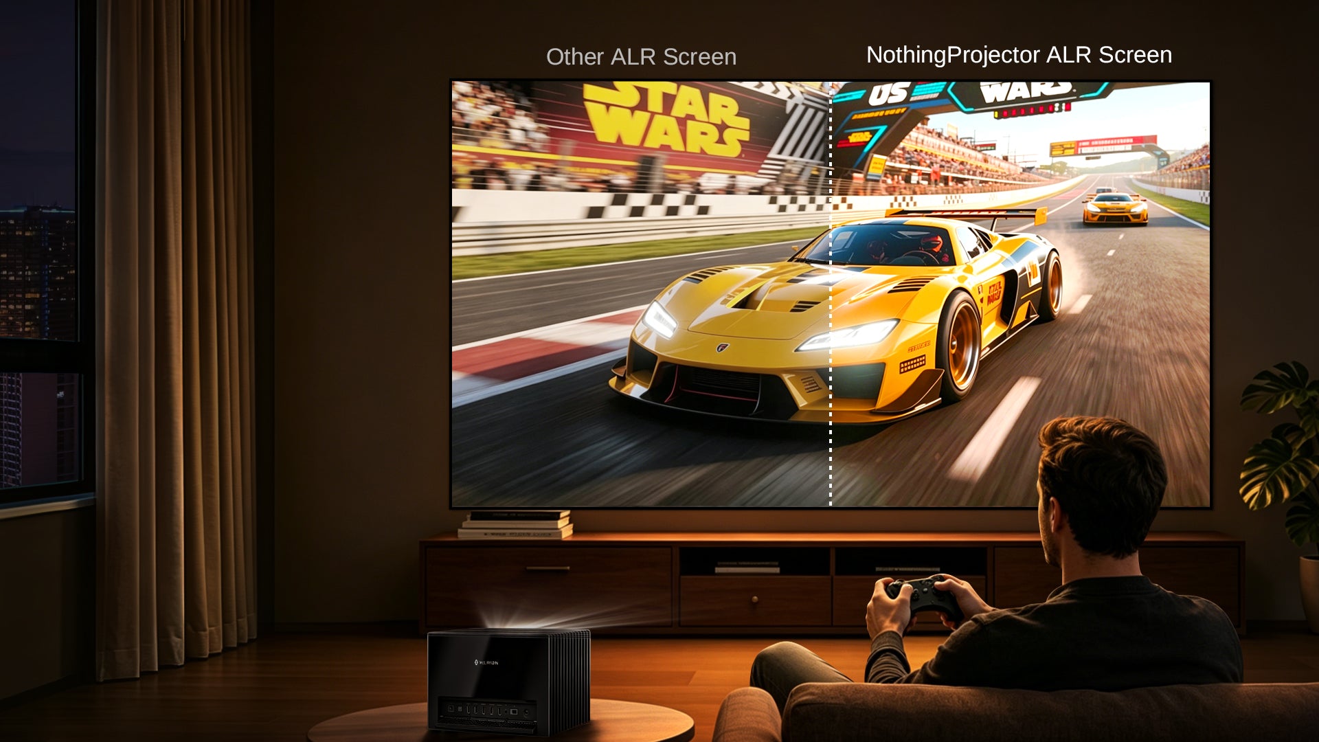 A vibrant NP 100"-130" ALR Long Throw Screen showcasing true-to-life colors that surpass Rec. 709 standards, delivering expanded color range for immersive UHD 4K home theater experiences.