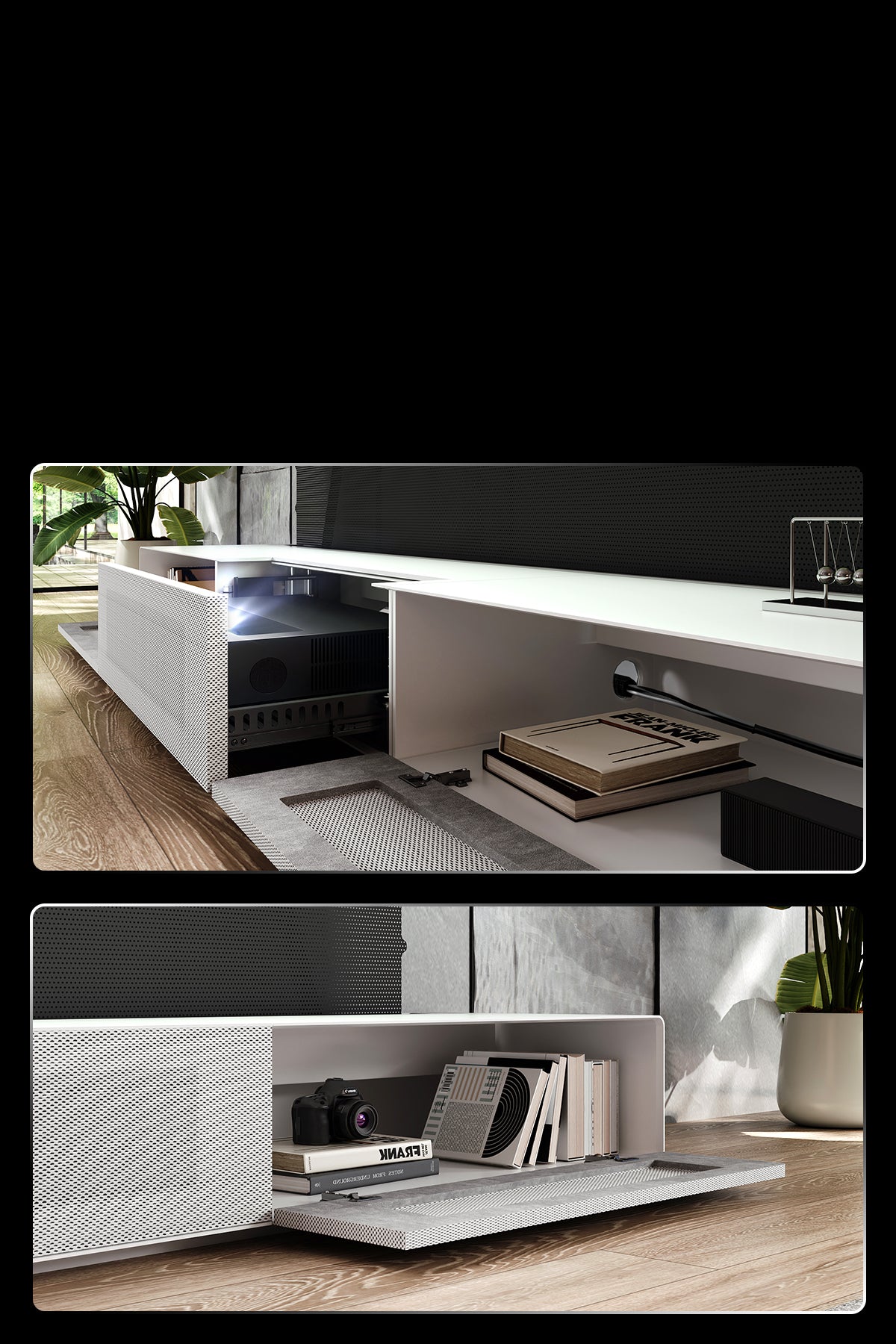 Motorized Laser TV Cabinet with Streamlined Media Storage & Concealed Cable System