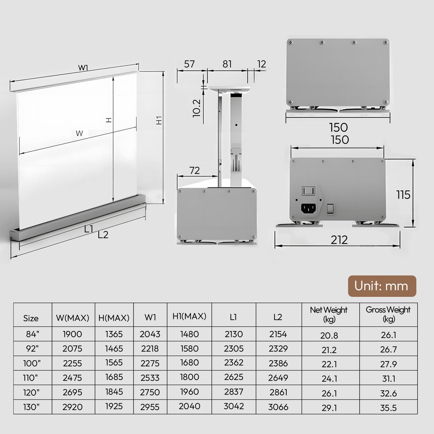 100''-120'' NothingProjector matný bílý motorický podlahový výsuvný plátno pro dlouhé/krátké/UST projektory