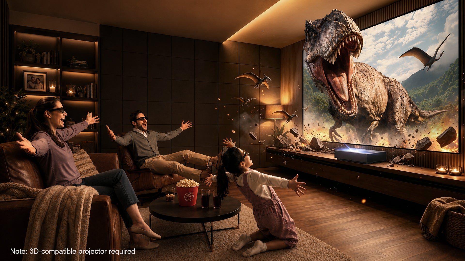 Active 3D movie experience on the 132-inch NothingProjector seamless ALR screen with a family wearing 3D glasses.