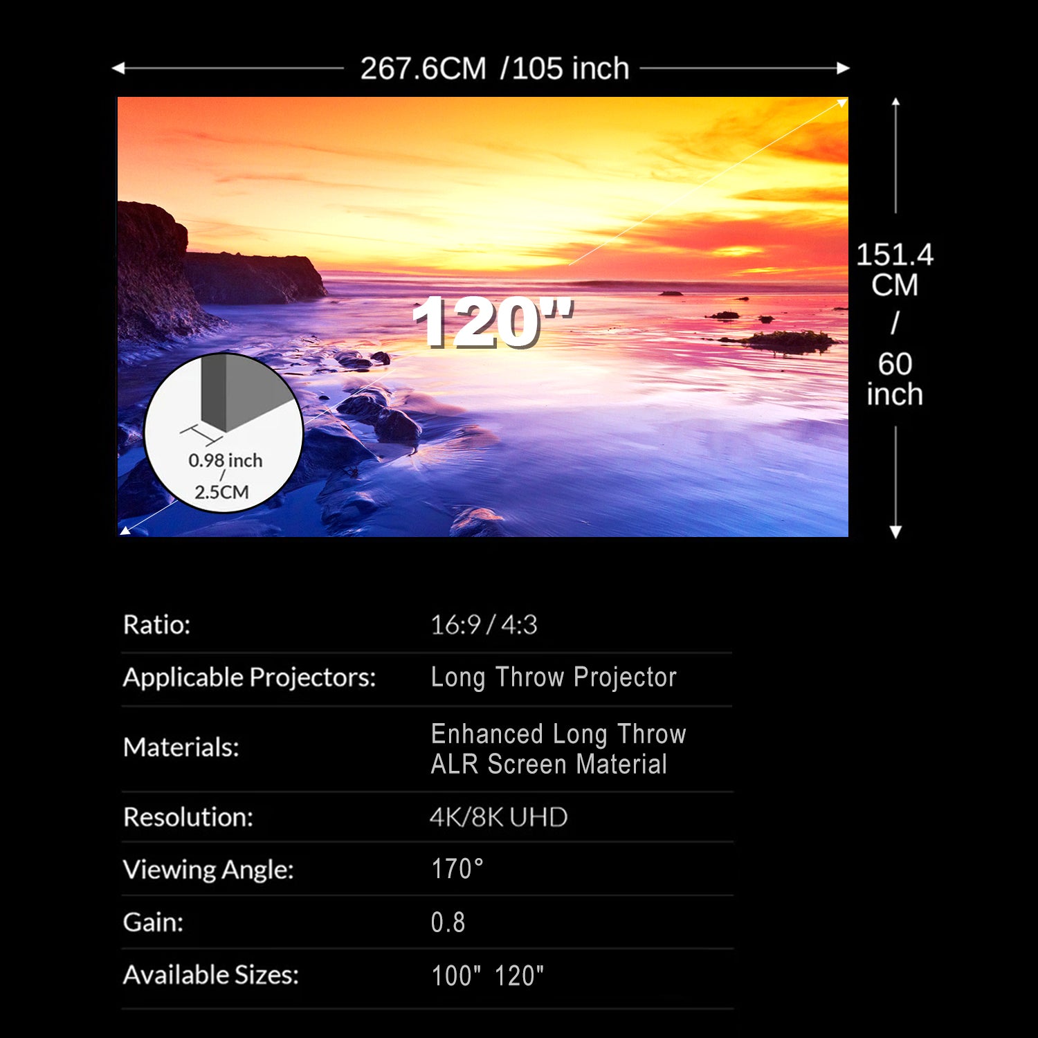 شاشة عرض NothingProjector ALR طويلة المدى مقاس 100-120 بوصة