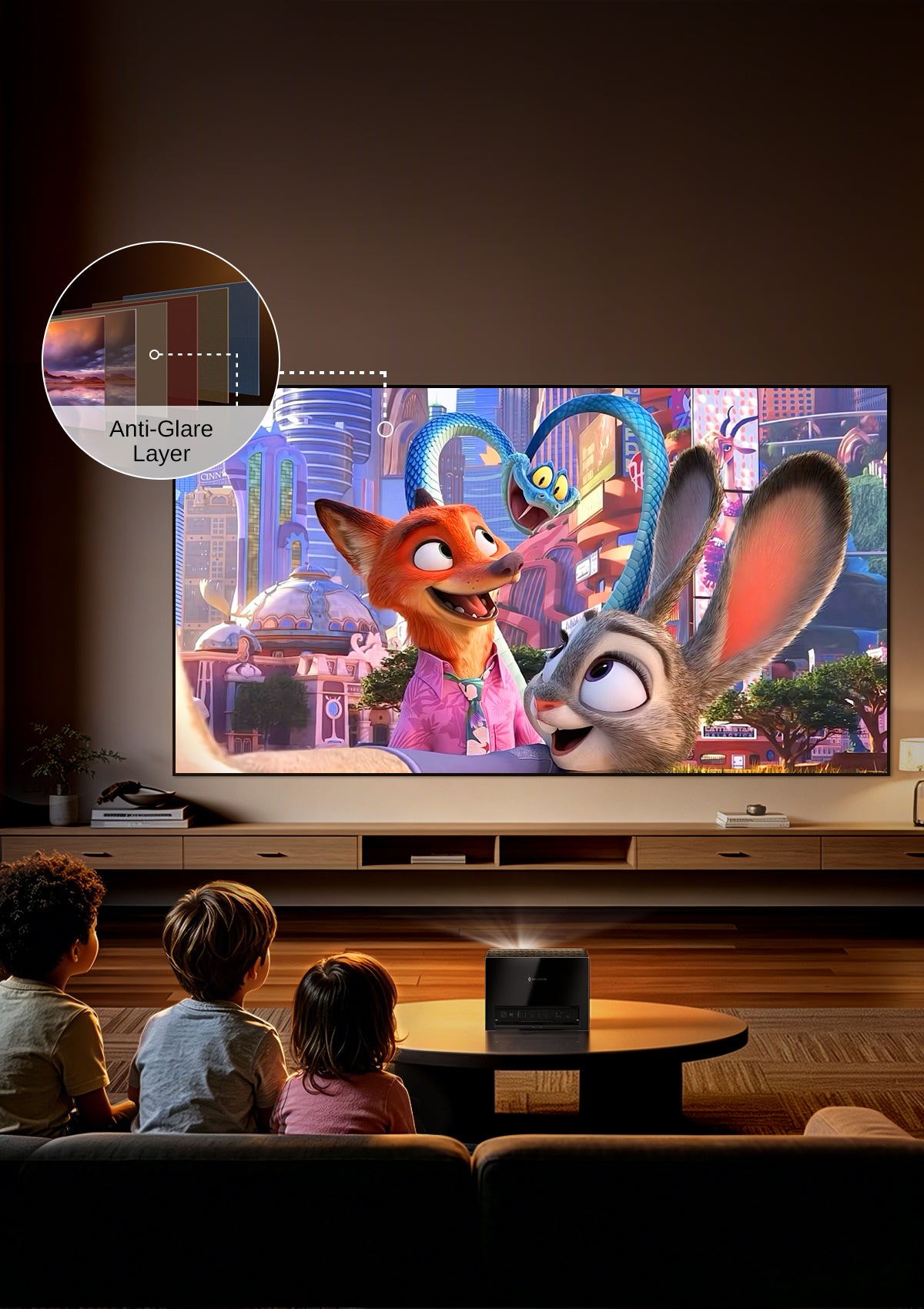 NP 100"-130" ALR Long Throw Screen uses gentle diffuse reflection technology to reduce glare and eye strain, offering family-friendly visual comfort for extended viewing during movie nights, gaming sessions, or professional presentations.