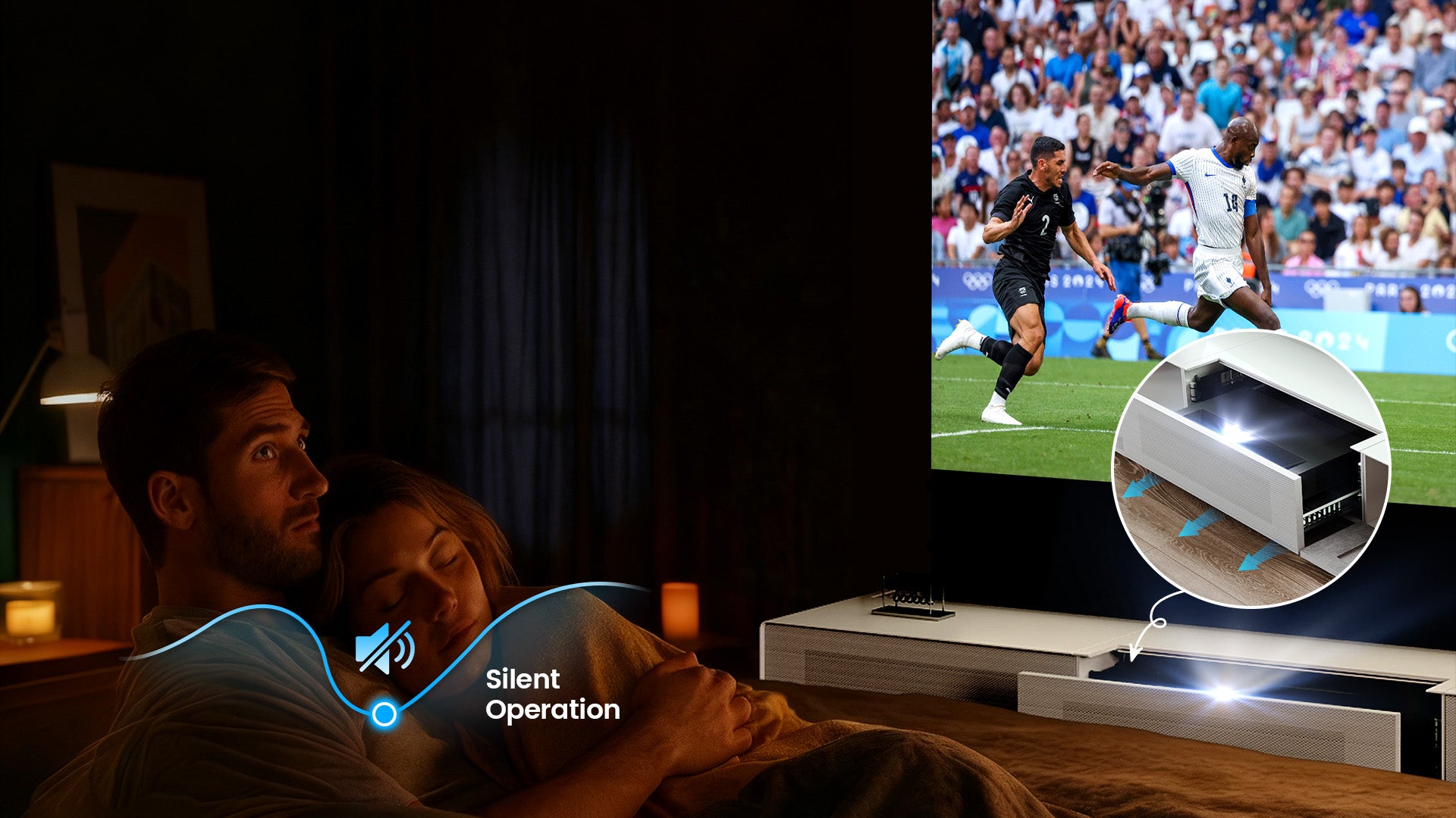 Shore Laser TV Cabinet with whisper-quiet, auto-adjusting screen for late-night viewing