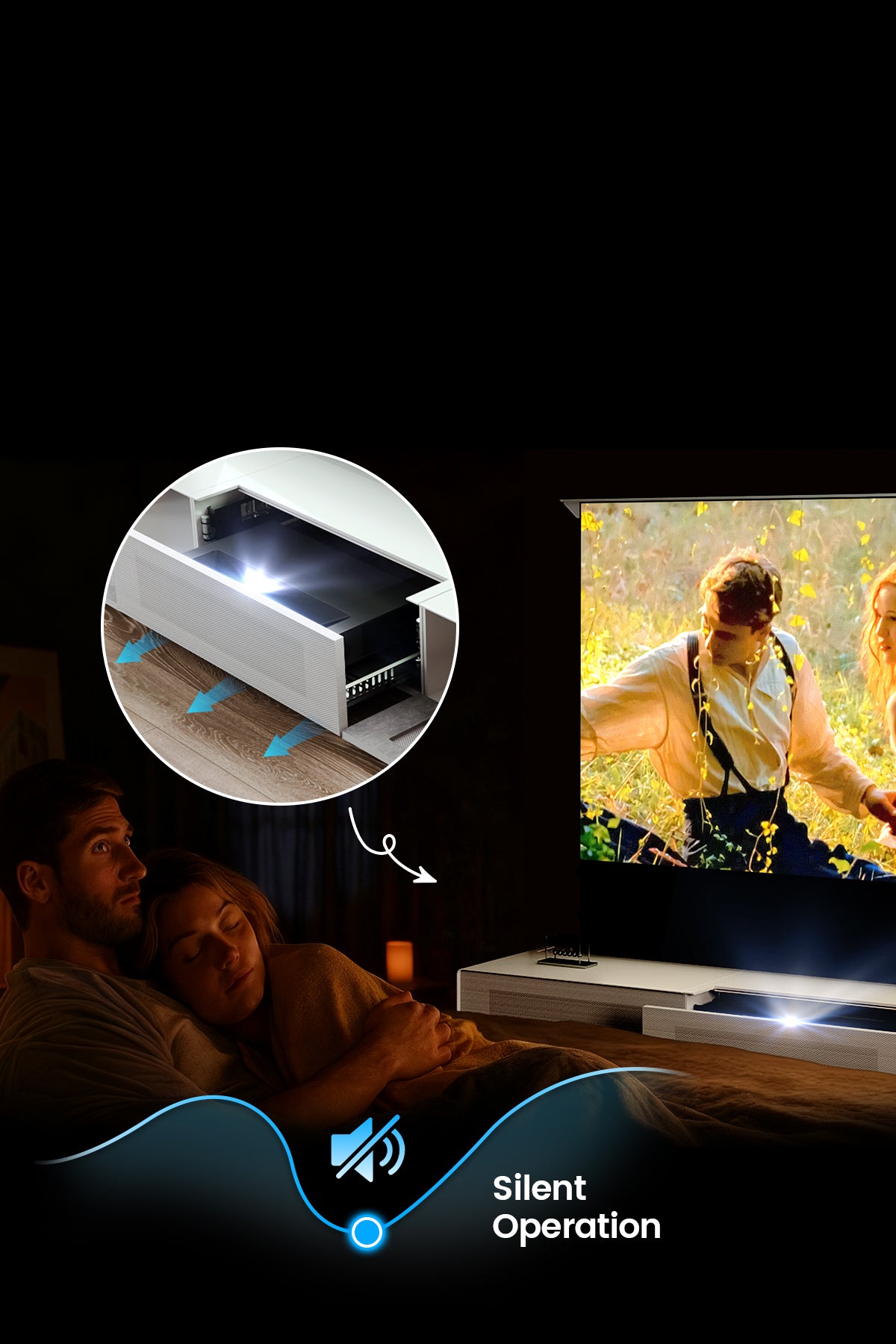 Shore Laser TV Cabinet with whisper-quiet, auto-adjusting screen for late-night viewing