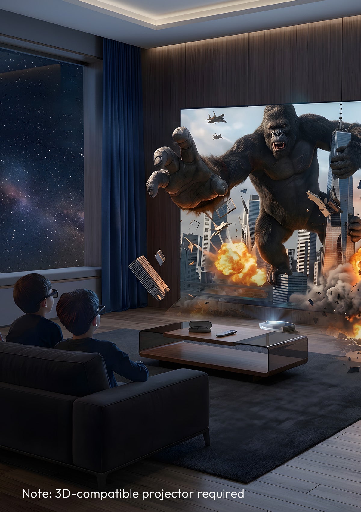 Active 3D movie experience on the 132-inch NothingProjector seamless ALR screen with a family wearing 3D glasses.