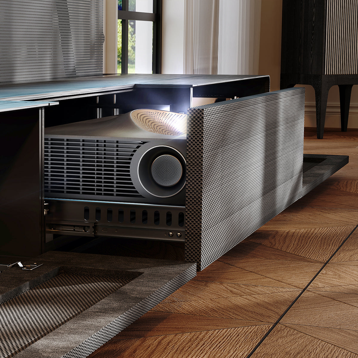 Close up of motorized drawer on Wood Grain laser TV cabinet showing ventilation and slider for UST projector