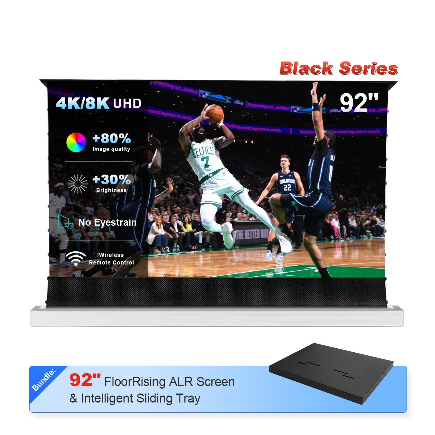 Compact 92" ALR screen and intelligent sliding tray bundle for seamless UST projector setup