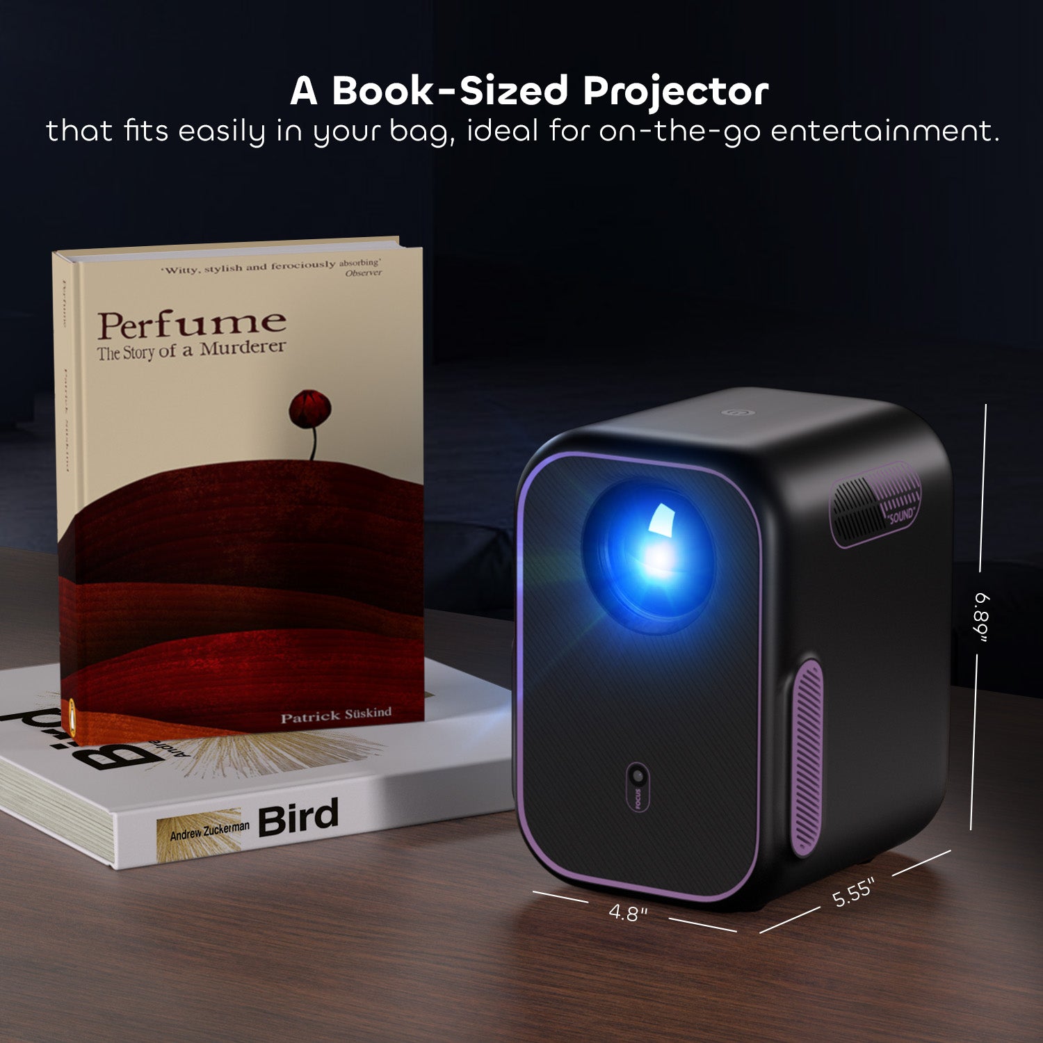 Compact book-sized portable projector dimensions in inches showing the NothingProjector One's travel-friendly mini design.