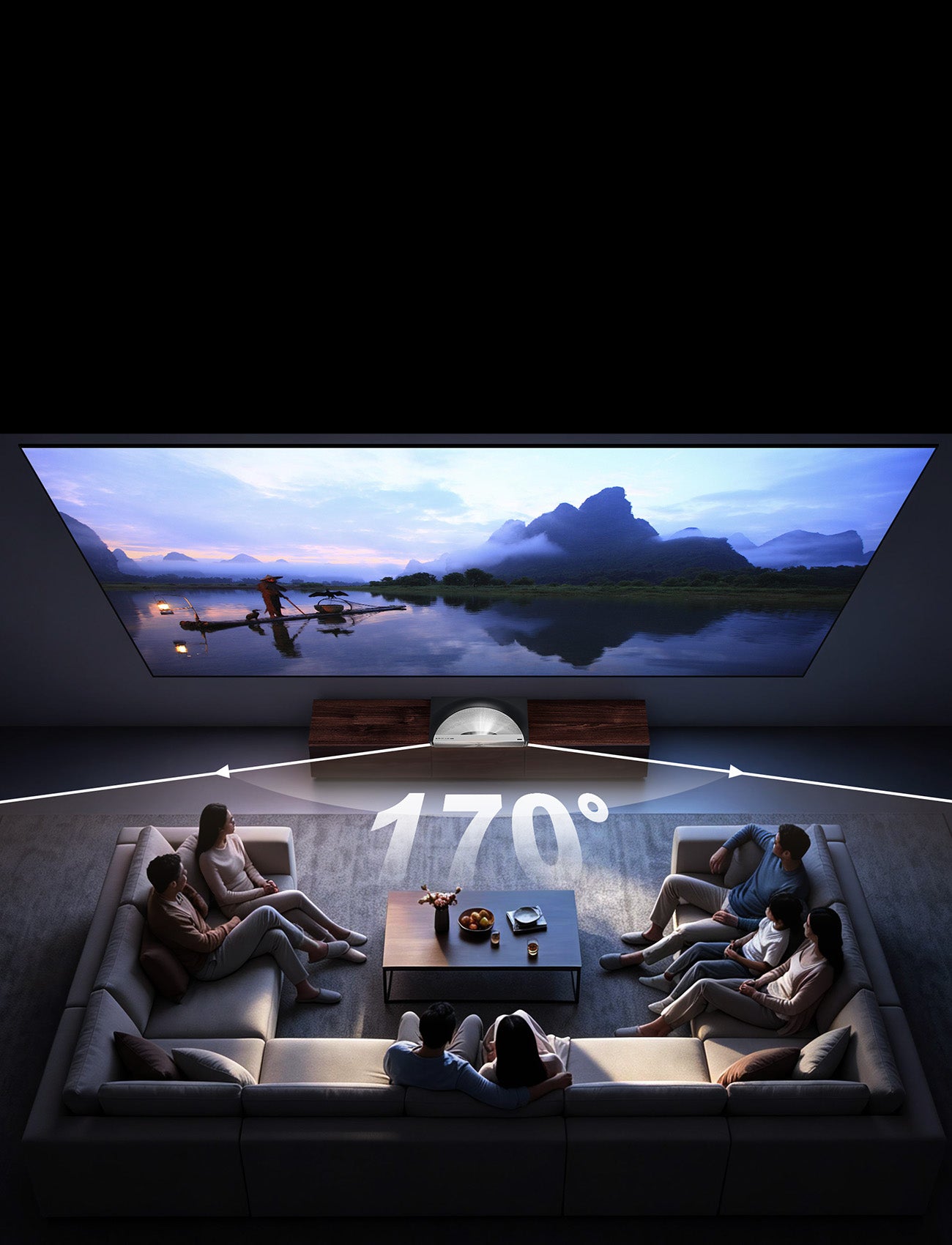 NP 132-inch UST ALR screen with 170° ultra-wide viewing angle for bright and vivid images from anywhere in the room.