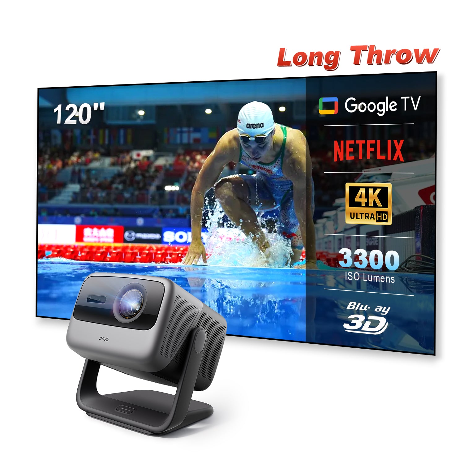 JMGO N1S Ultimate 4K Laser Outdoor Projector 3300 ISO Lumens Google TV with Netflix