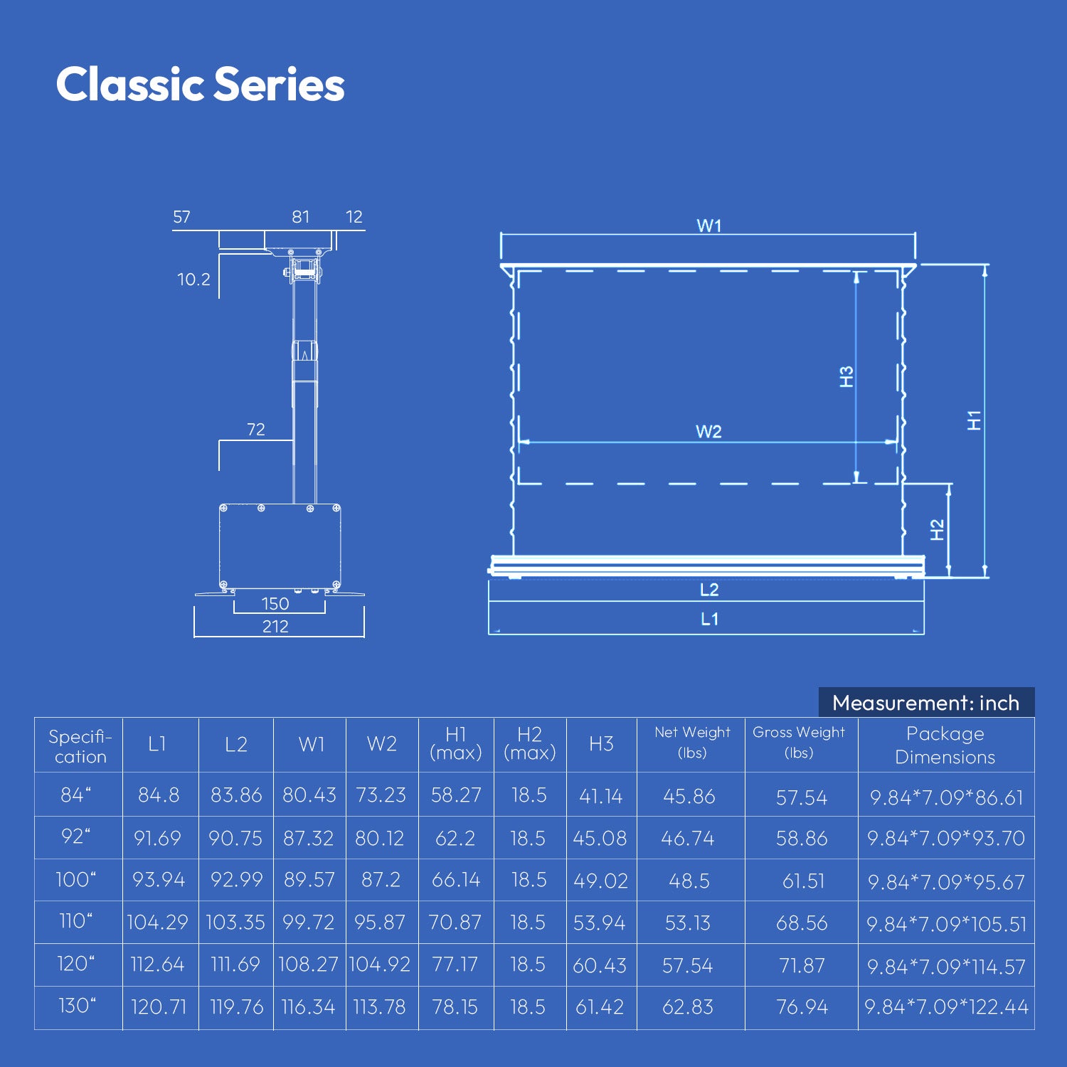 NothingProjector PET Crystal Classic ALR Motorized Floor Rising Screen size chart