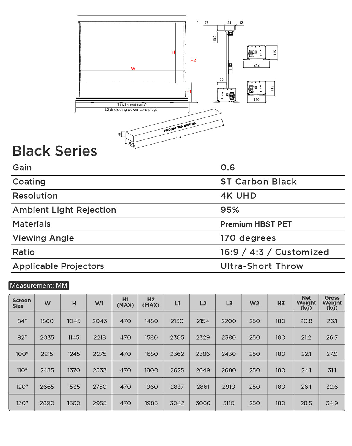 NothingProjector Motorized Floor Rising UST ALR Screen specs & size chart