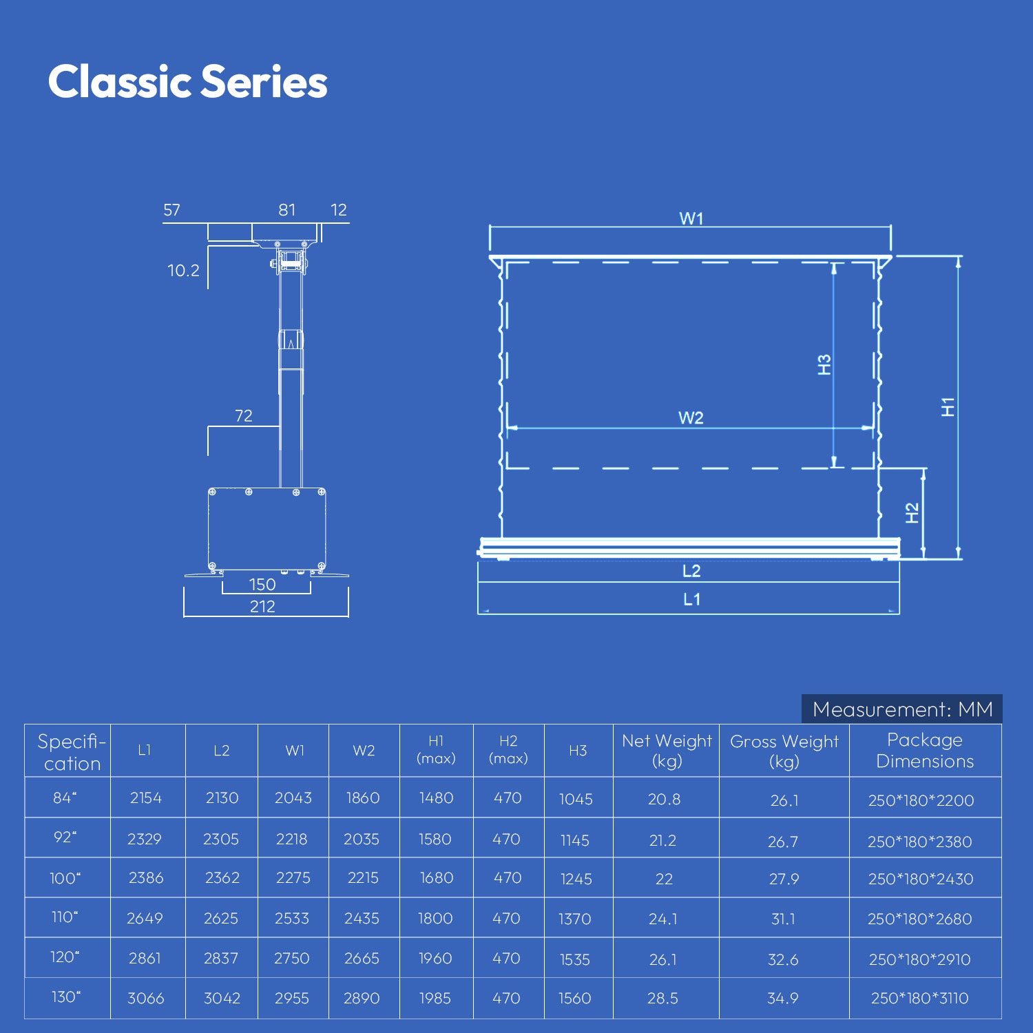 NothingProjector PET Crystal Classic ALR Motorized Floor Rising Screen size chart