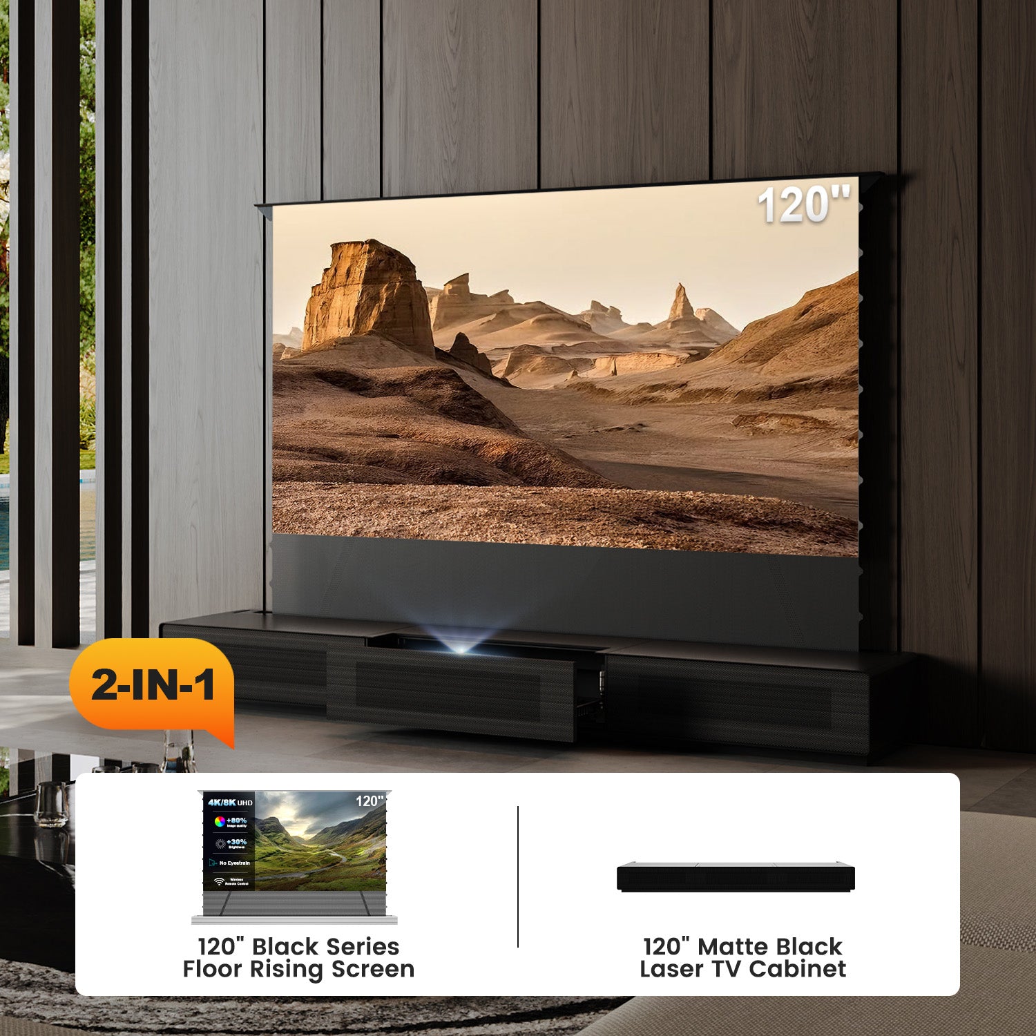 Premium 2-in-1 laser TV bundle showcasing the massive 120 inch Black Series screen integrated with the pre-assembled matte black cabinet