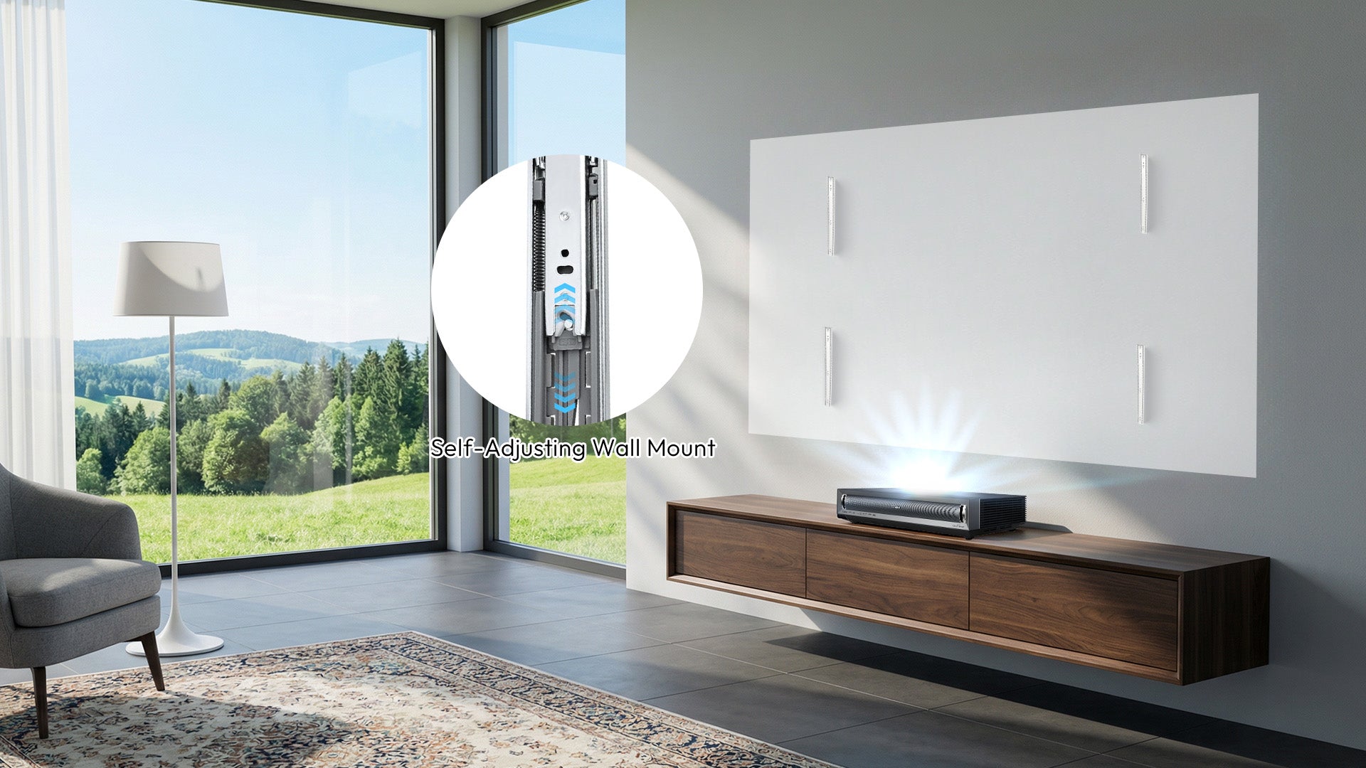 Premium retractable mounting brackets and self-adjusting wall mount for the 132-inch NothingProjector Seamless ALR screen, highlighting the effortless and safe installation process.