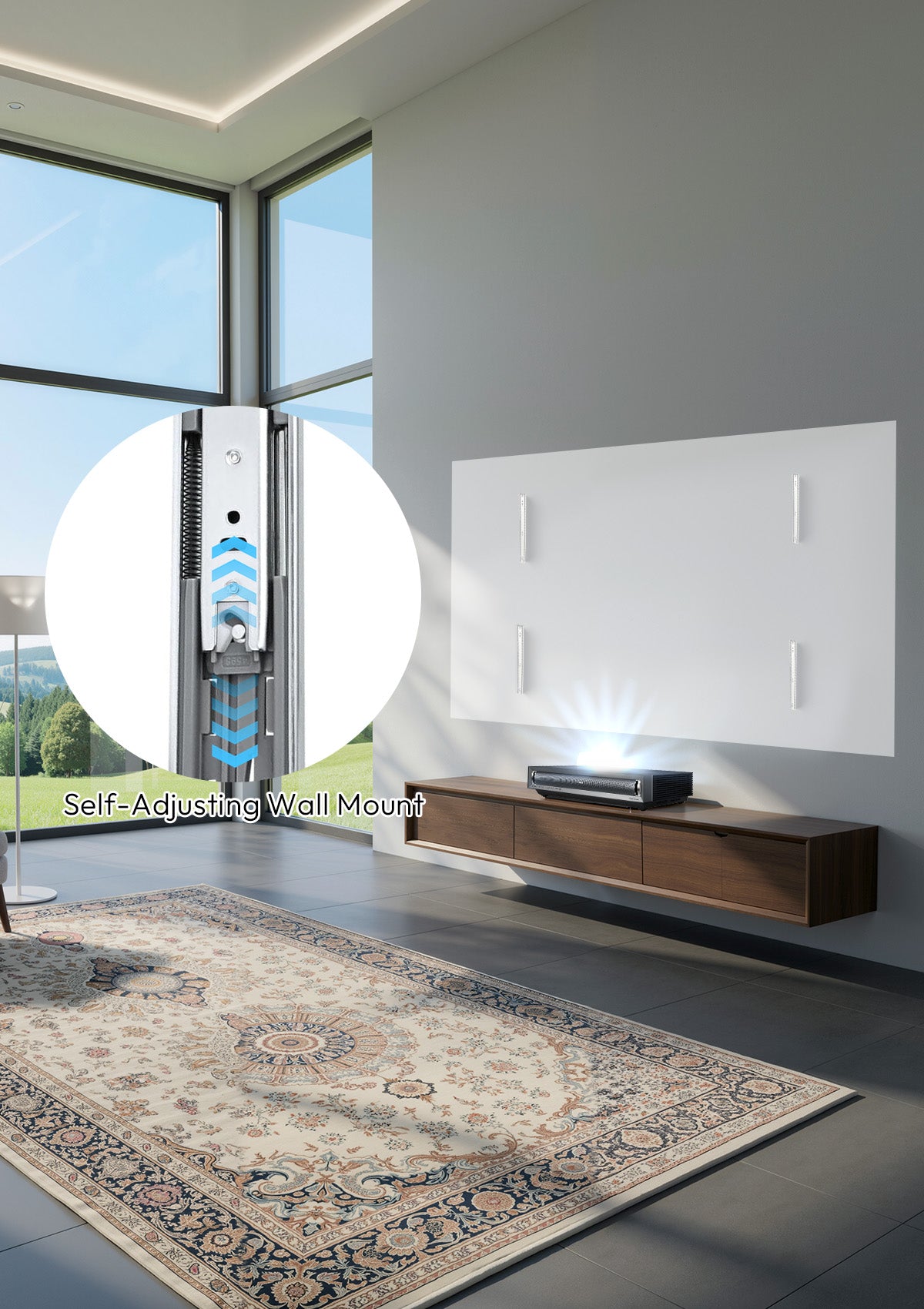 Premium retractable mounting brackets and self-adjusting wall mount for the 132-inch NothingProjector Seamless ALR screen, highlighting the effortless and safe installation process.