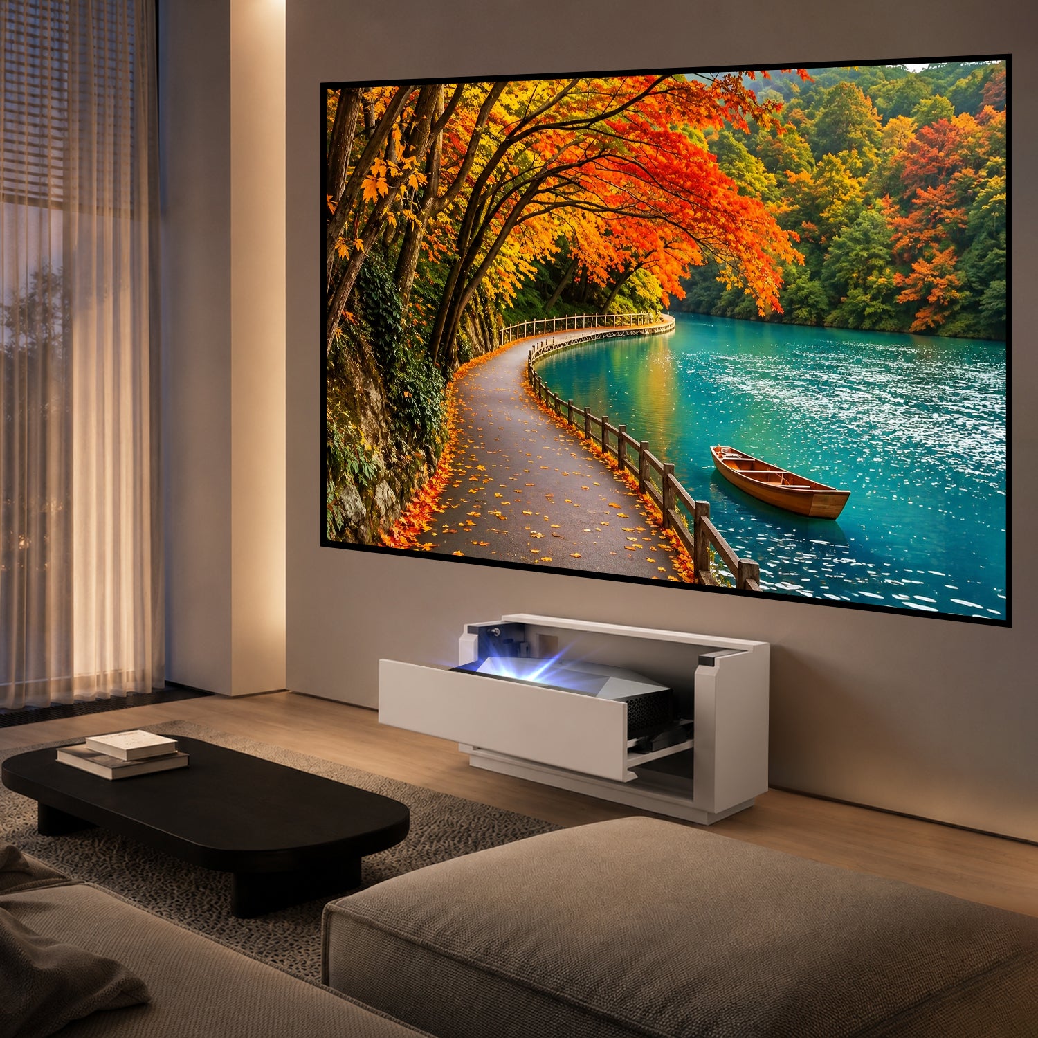 Shore Smart matt UST-projektorskap med vendbart design for veggmonterte lerret