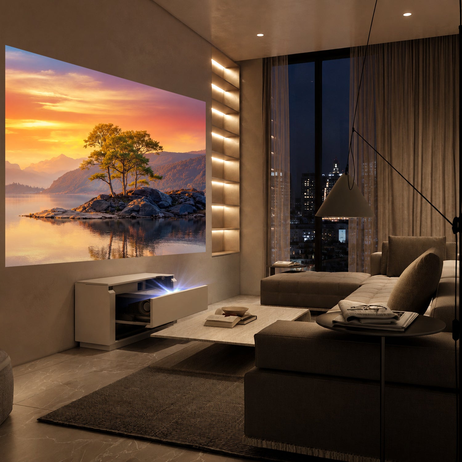 Shore Smart matt UST-projektorskap med vendbart design for veggmonterte lerret