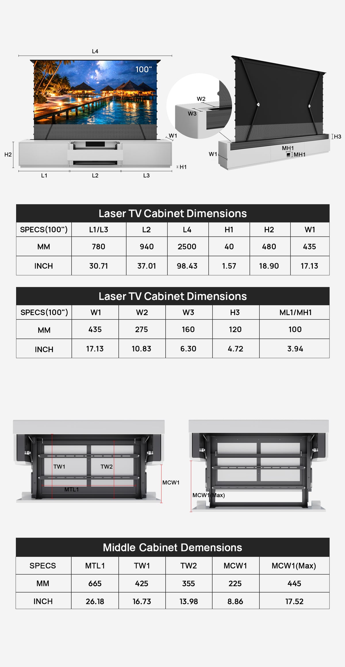 Shore Flip Design Matte Smart Laser TV Cabinet for UST Projector 100inch