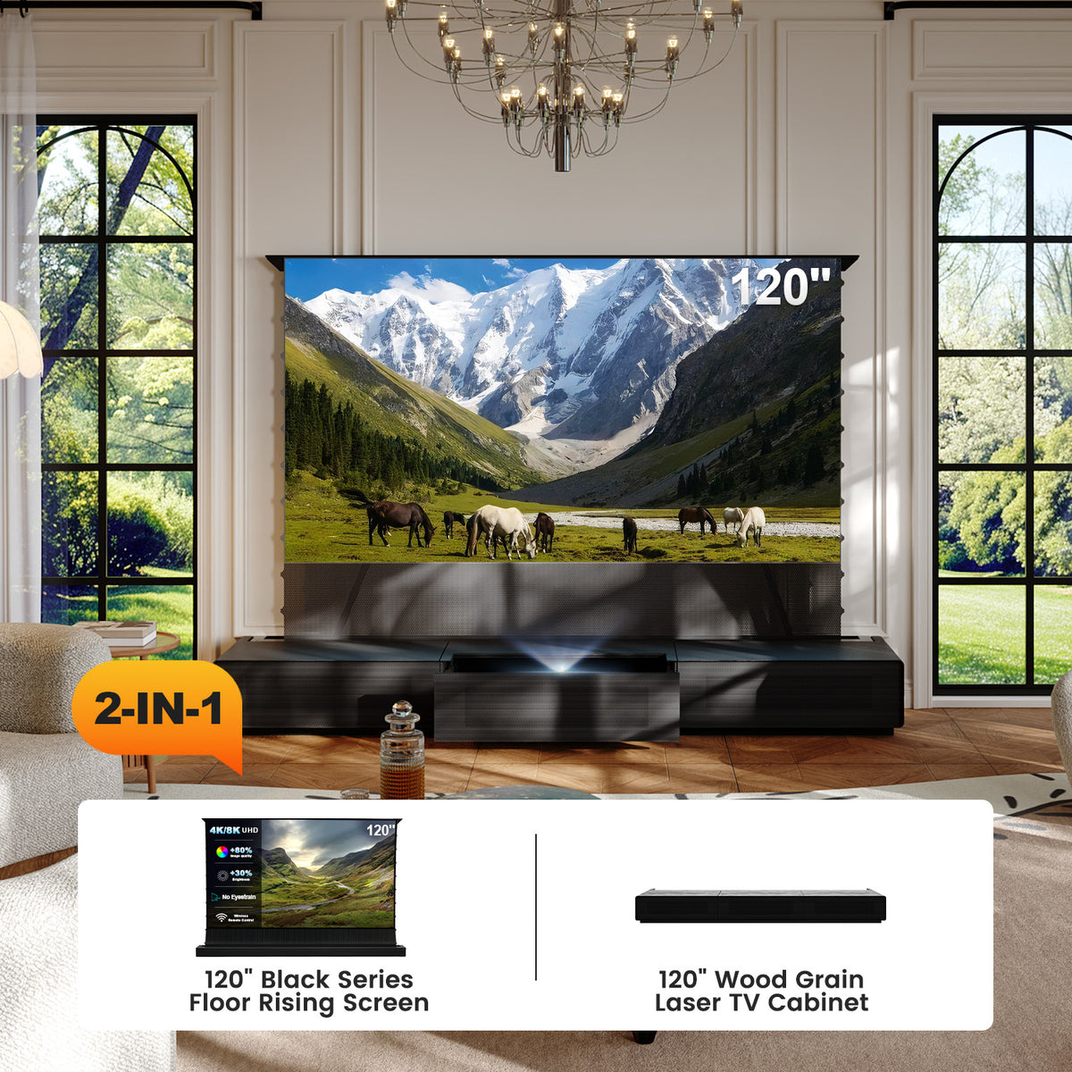 Shore Wood Grain UST Projector Cabinet + Black Series Motorized Floor