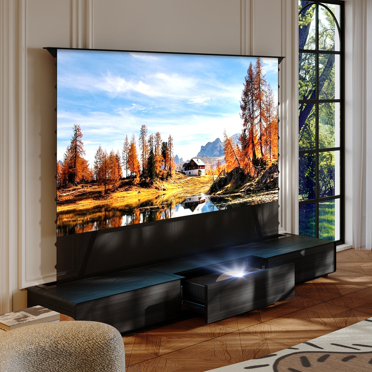 Shore Wood Grain motorized laser TV cabinet with 120 inch floor rising screen for premium hidden cinema