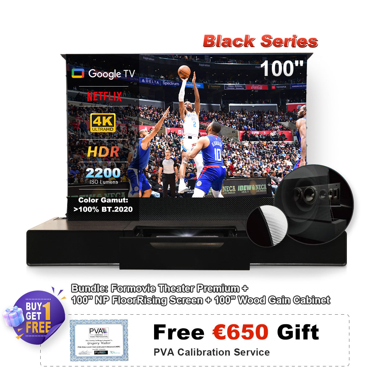 (Sada) Formovie Theatre Premium + motorizovaná ALR obrazovka Black Series + laserová TV skříň (předem sestavená)