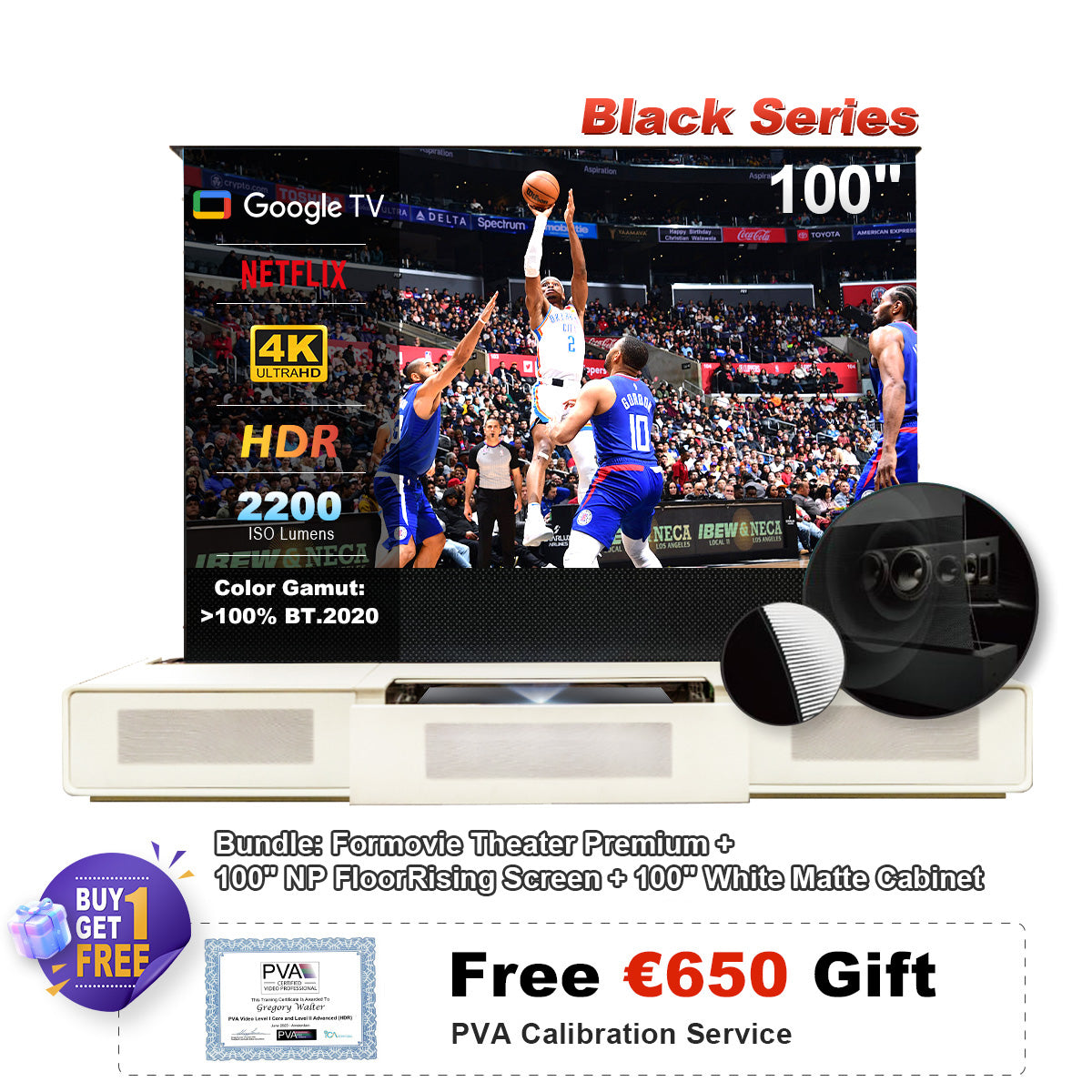 (Sada) Formovie Theatre Premium + motorizovaná ALR obrazovka Black Series + laserová TV skříň (předem sestavená)