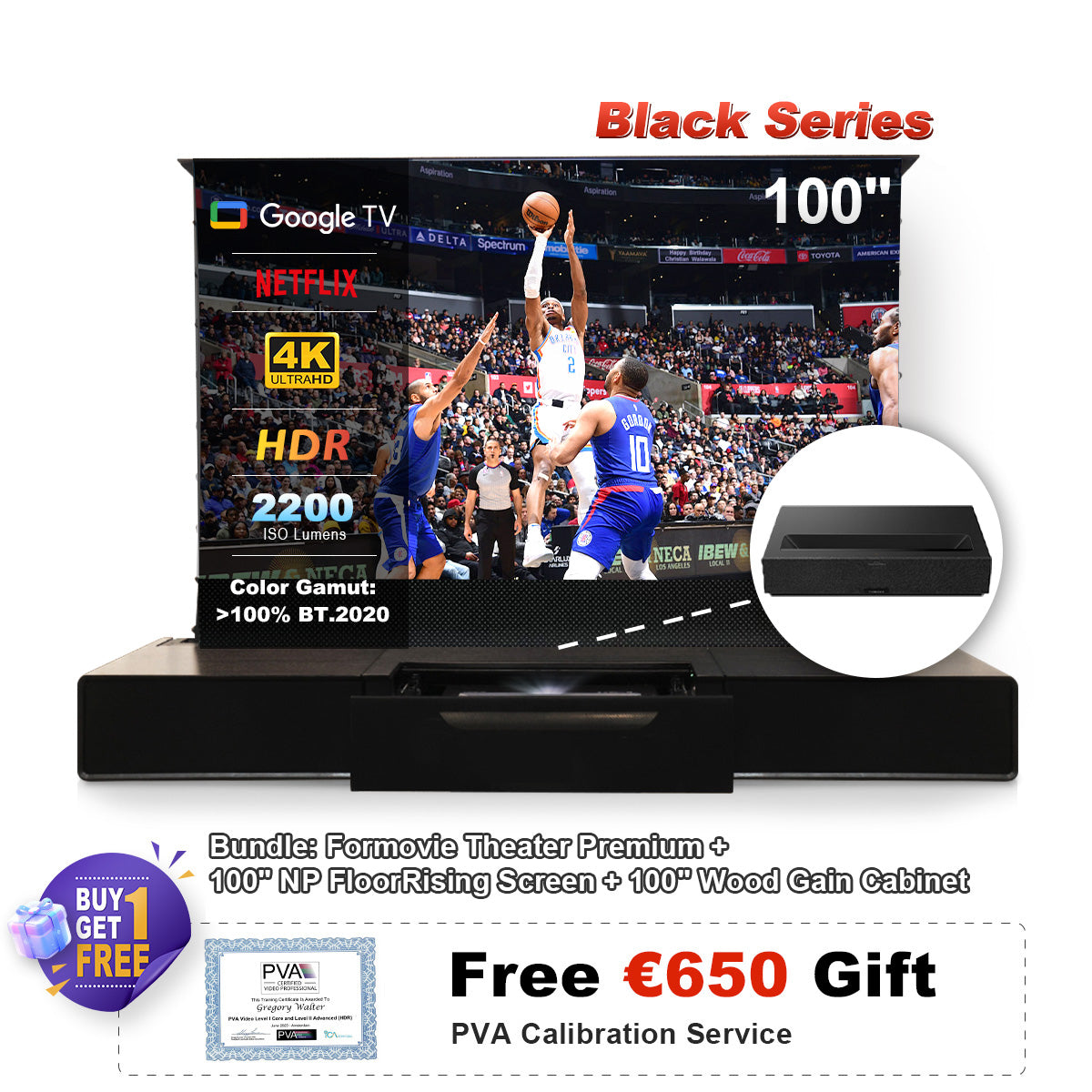 (Pacchetto) Formovie Theater Premium + Schermo ALR Motorizzato Black Series + Mobile TV Laser (Pre-Assemblato)