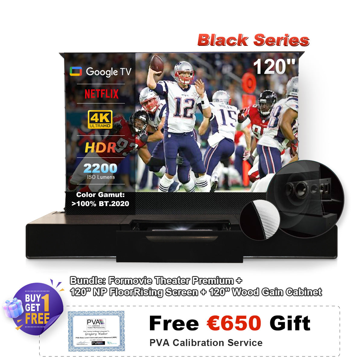 (Sada) Formovie Theatre Premium + motorizovaná ALR obrazovka Black Series + laserová TV skříň (předem sestavená)