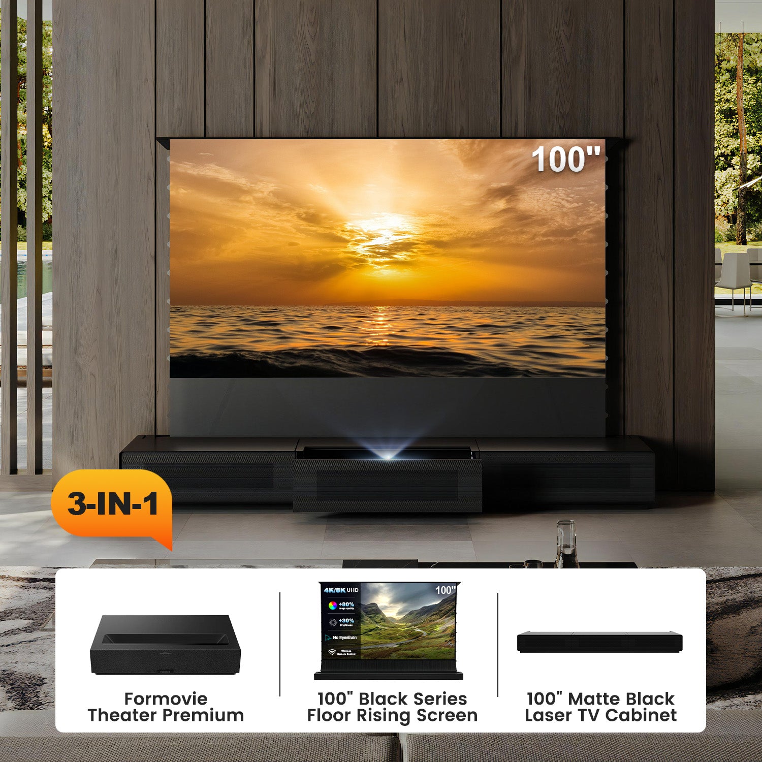 (Pakej) Formovie Theater Premium + Skrin ALR Bermotor Black Series + Kabinet TV Laser (Pra-Pasang)