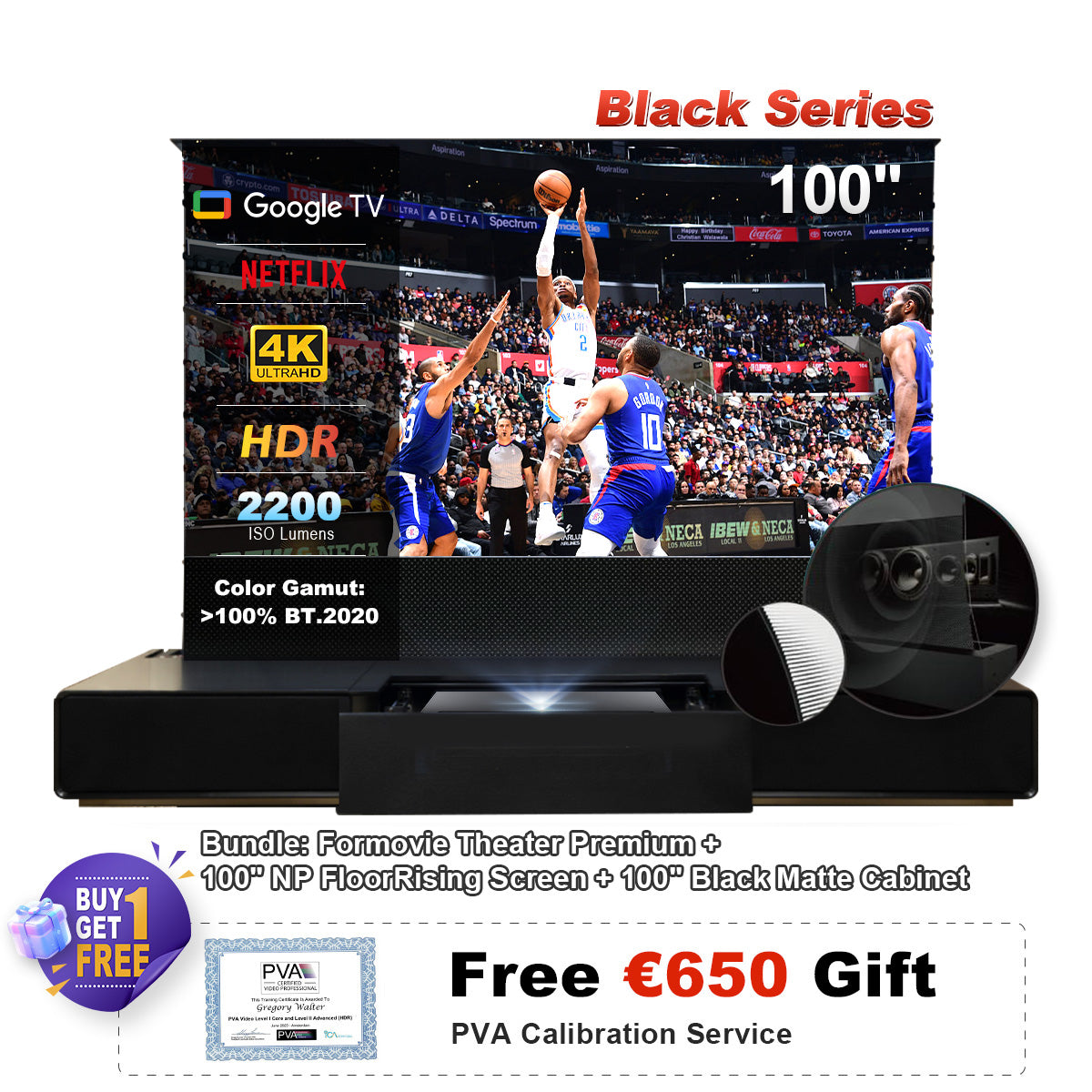 (Sada) Formovie Theatre Premium + motorizovaná ALR obrazovka Black Series + laserová TV skříň (předem sestavená)